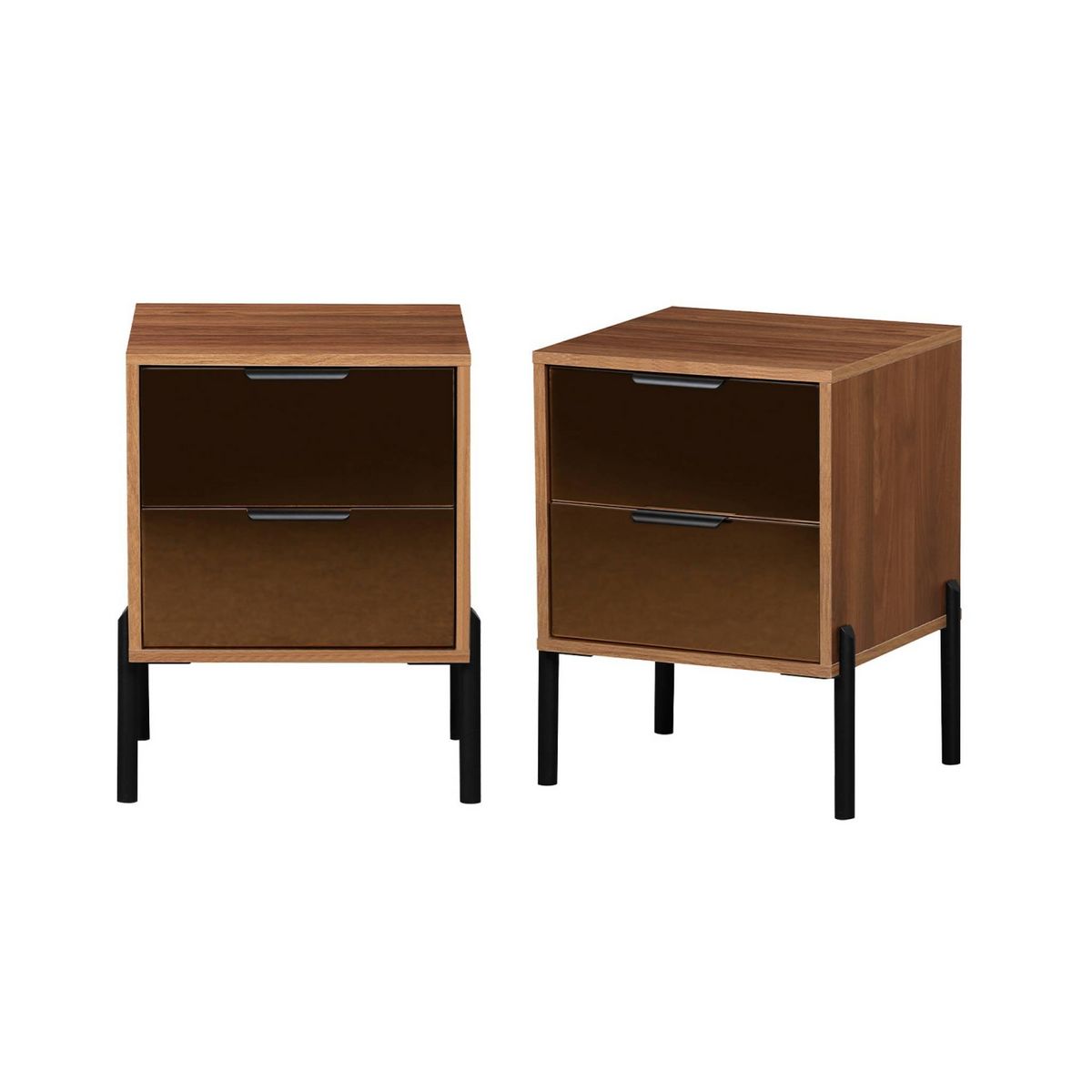 SWEEEK Lot de 2 tables de chevet vintage 2 tiroirs effet bois et vitres fumées. L 43 x P 38 x H 54.8cm