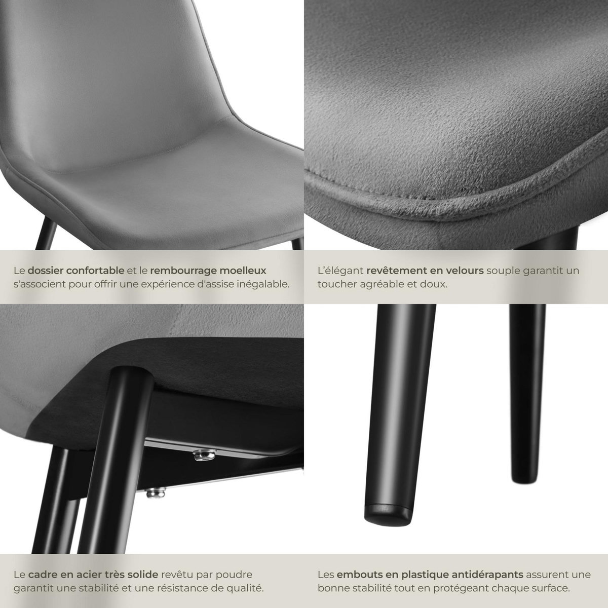 tectake Lot de chaises rembourrées aspect velours gris Lot de 6