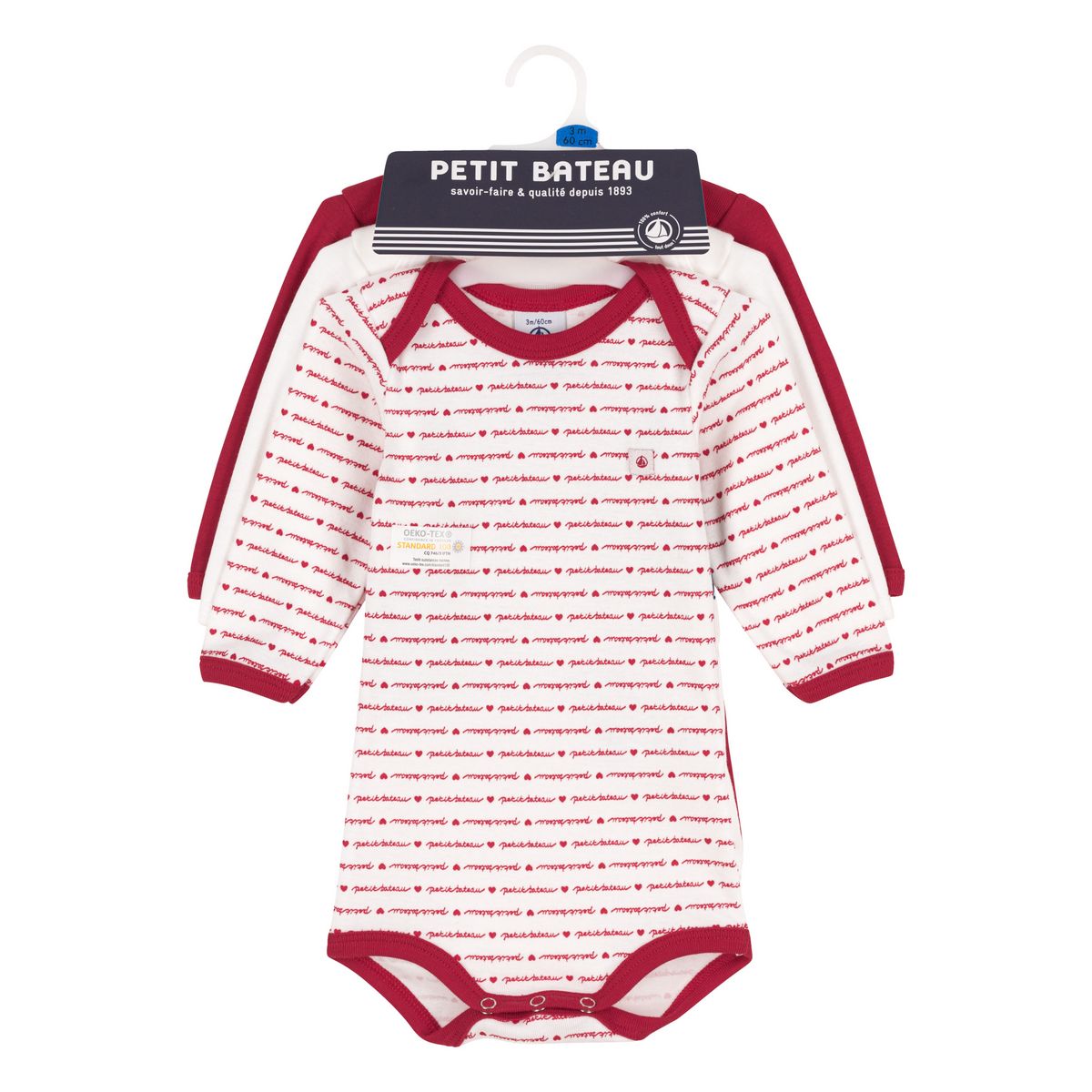 PETIT BATEAU Lot de 3 bodies manches longues coeurs bébé