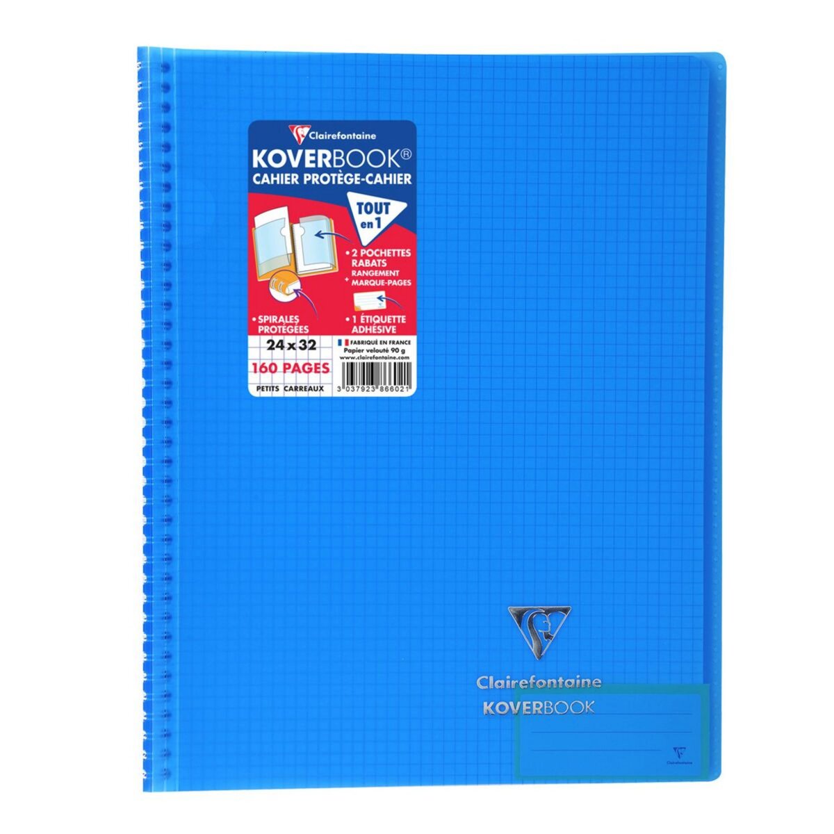 CLAIREFONTAINE Cahier à spirale polypro Koverbook 24x32cm 160 pages petits carreaux 5x5 bleu transparent