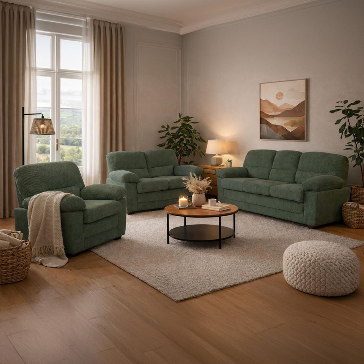 CONCEPT USINE Canapé 3 places + 2 places + fauteuil en velours côtelé vert foncé LINCOLN