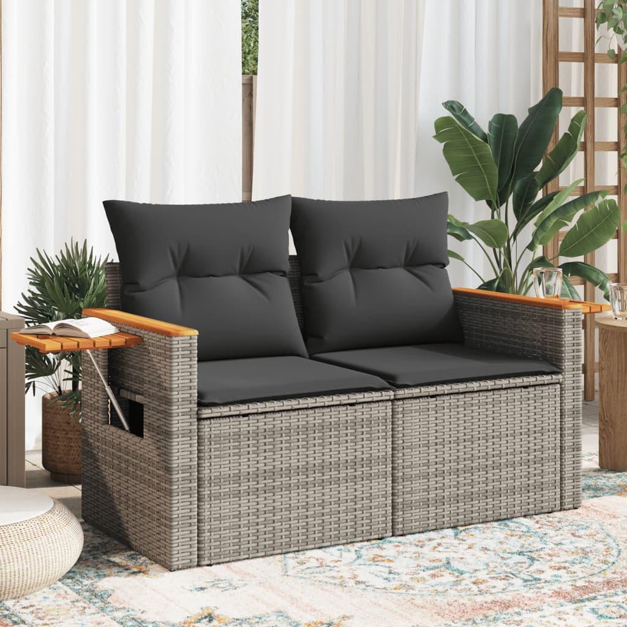 VIDAXL Canape de jardin 2 places avec coussins gris resine tressee