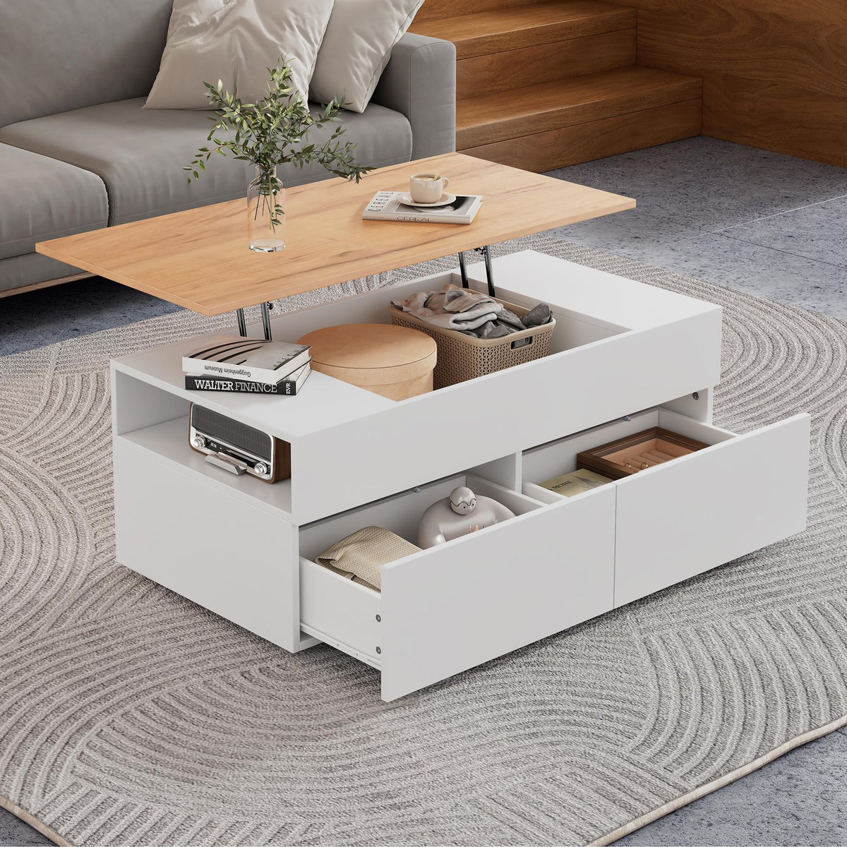 MERAX Table basse relevable rectangulaire blanc+naturel - 50x100 cm panneau de particules