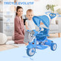 Voir la diapositive 4 : HOMCOM Tricycle enfants évolutif canne, pare-soleil pliable amovible effets lumineux sonores métal blanc PP polyester bleu