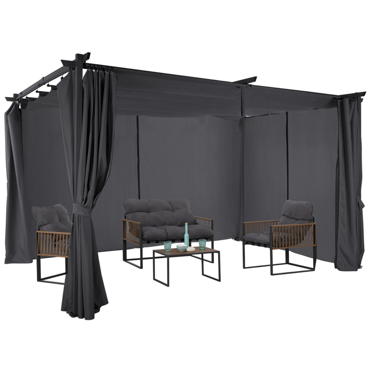 ID MARKET Pergola édition limitée toit rétractable 3x4 M et 4 rideaux gris anthracite