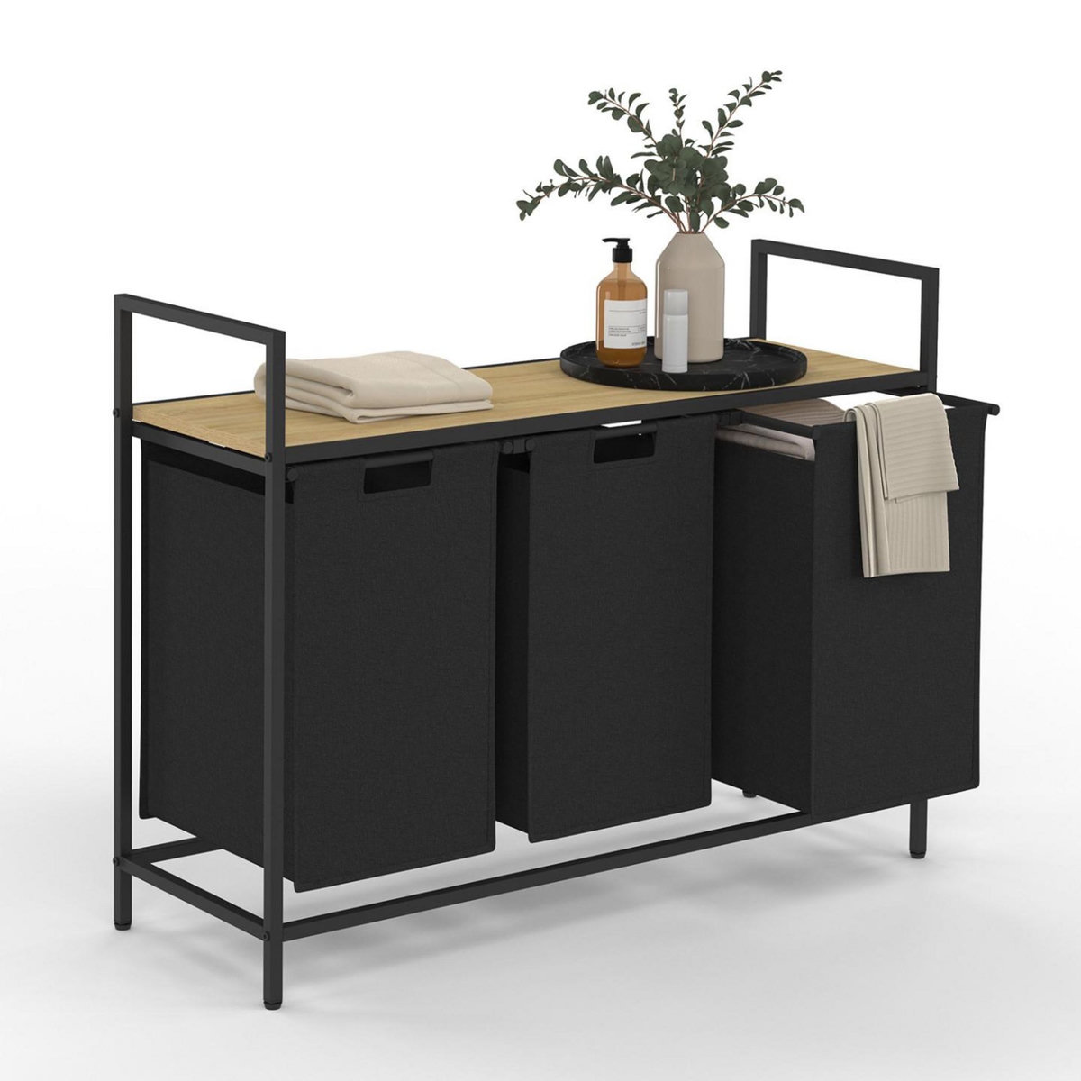 ID MARKET Panier à linge 3 bacs DETROIT tissu noir design industriel