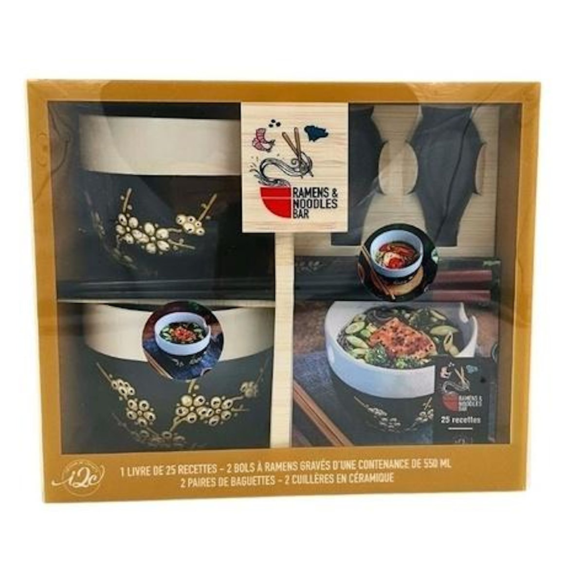RAMENS & NOODLES BAR. COFFRET AVEC 2 BOLS A RAMENS GRAVES, 2 PAIRES DE BAGUETTES, 2 CUILLERES EN CERAMIQUE, Desgages Aurélie