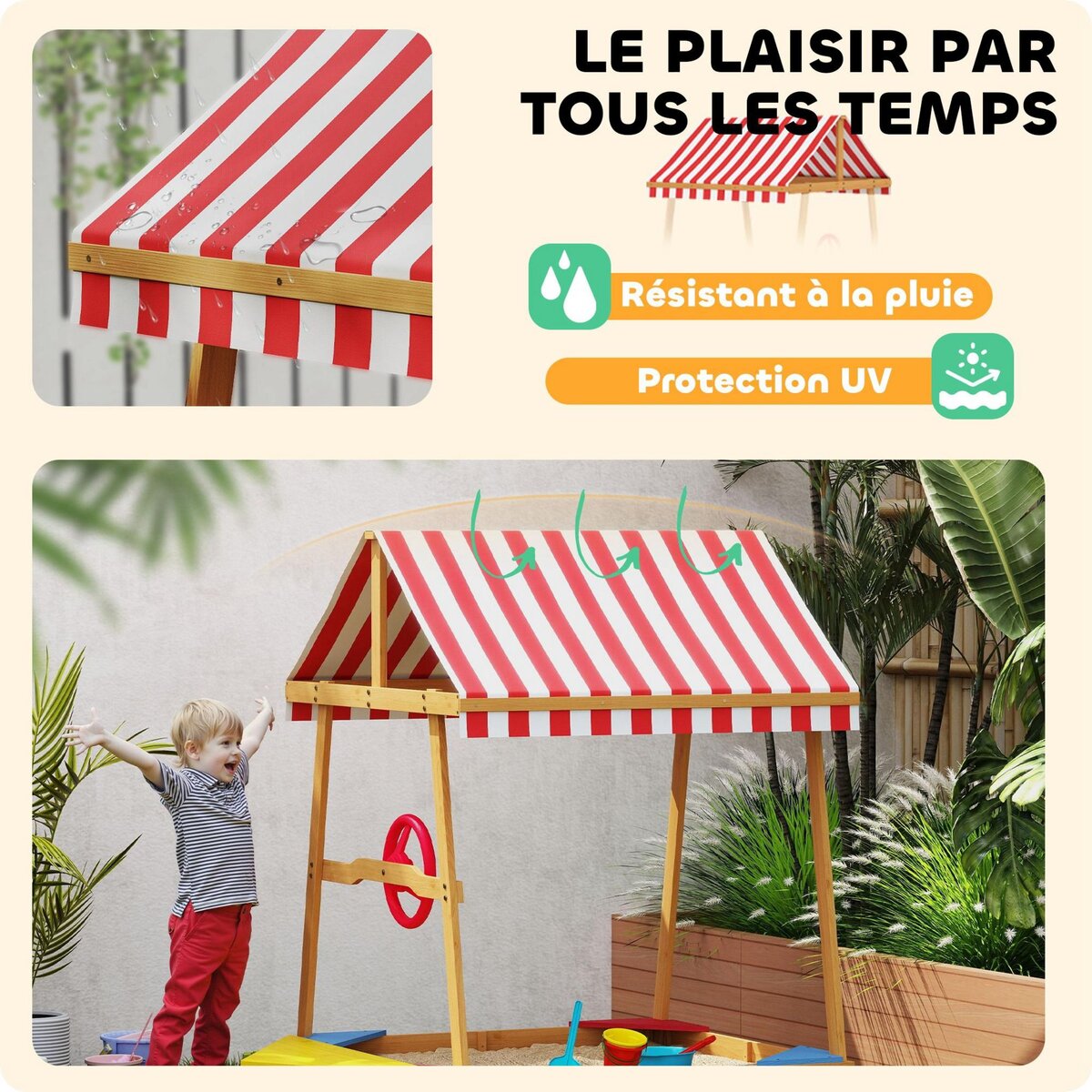 HOMCOM Bac à sable en bois design bateau enfant - sièges, store double pente, gouvernail - bois pré-huilé