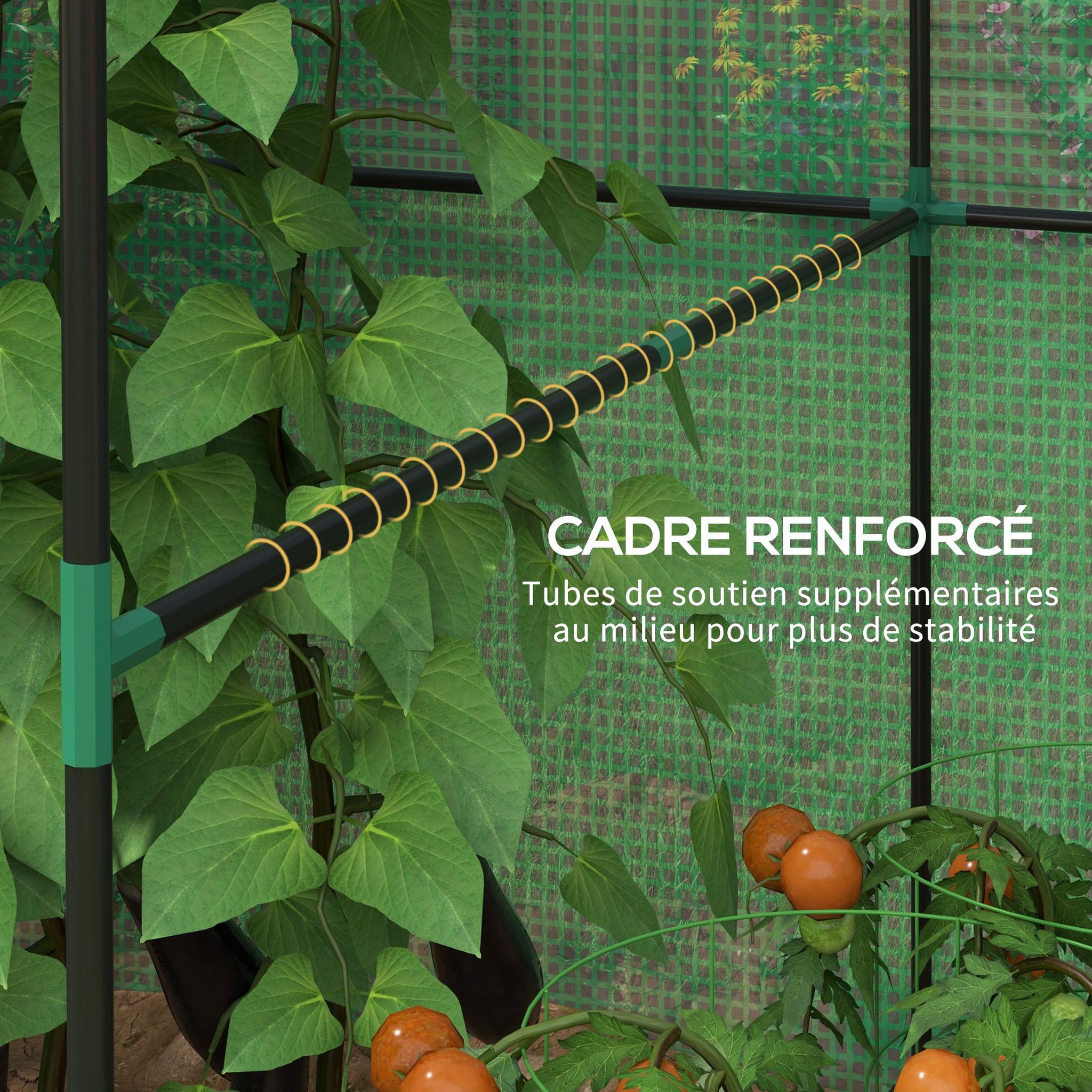 Voir la diapositive 5 : OUTSUNNY Serre de jardin 2,8 m² porte zippée 2 fenêtres acier PE vert