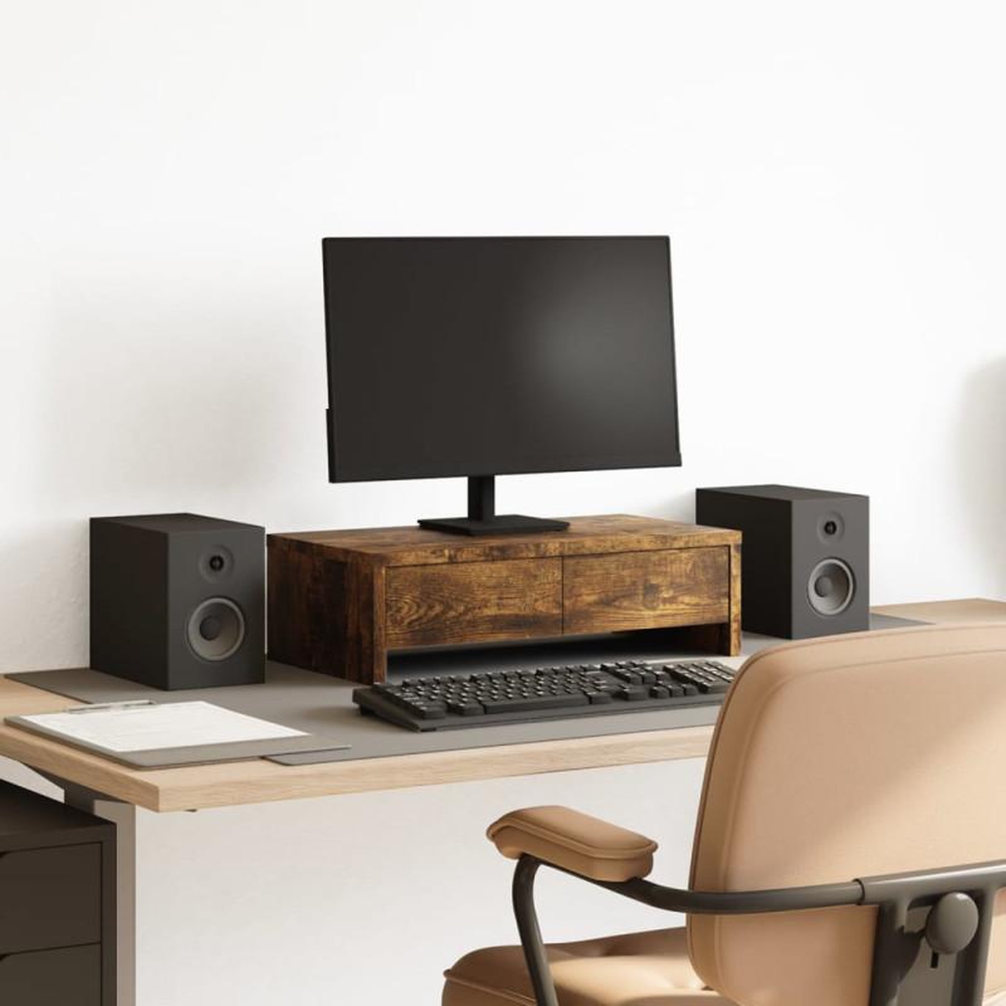 Voir la diapositive 1 : VIDAXL Support de moniteur avec tiroirs chêne fumé bois d ingénierie