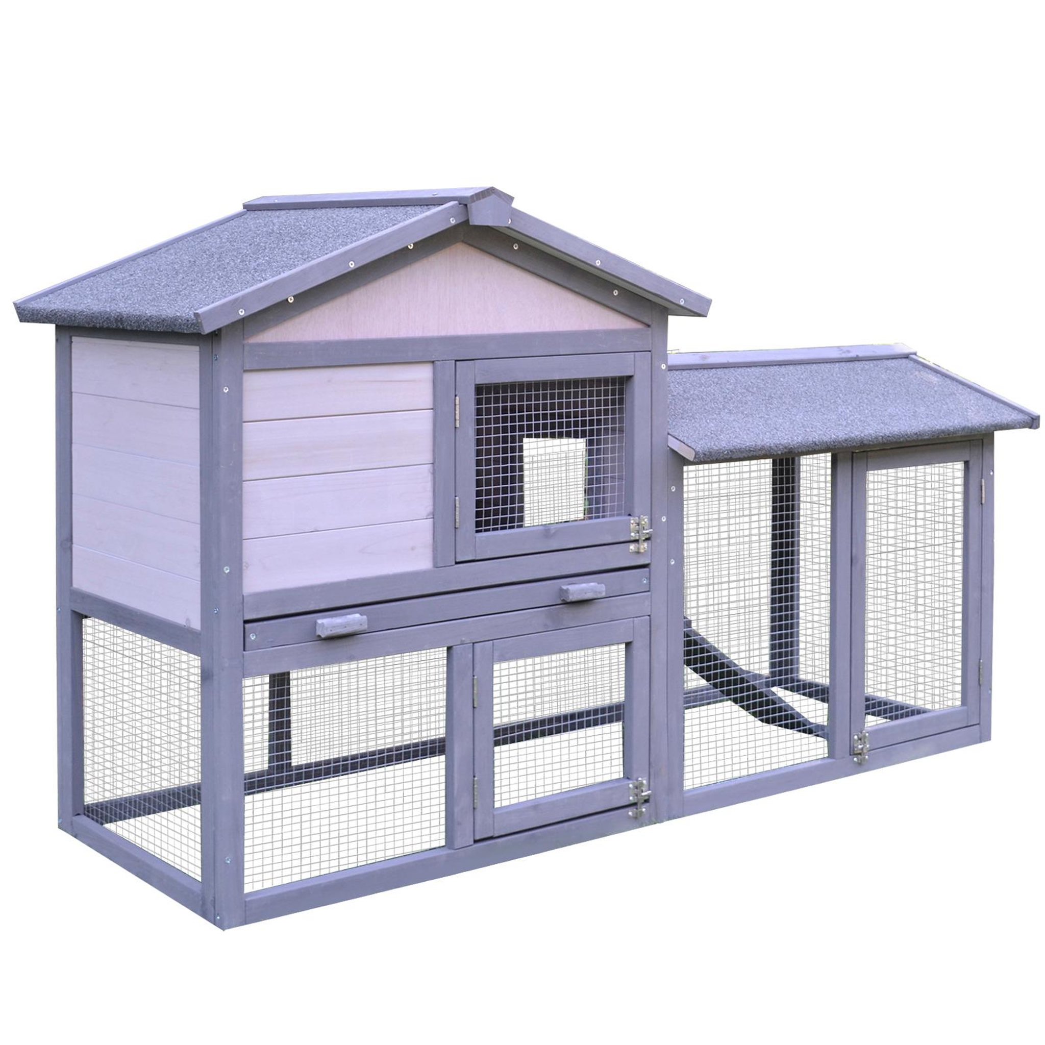 PAWHUT Clapier cage à lapins rongeurs 2 niveaux 3 portes verrouillables tiroir à déjection toit intégral bitumé 147l x 54l x 84h cm bois massif pin gris blanc