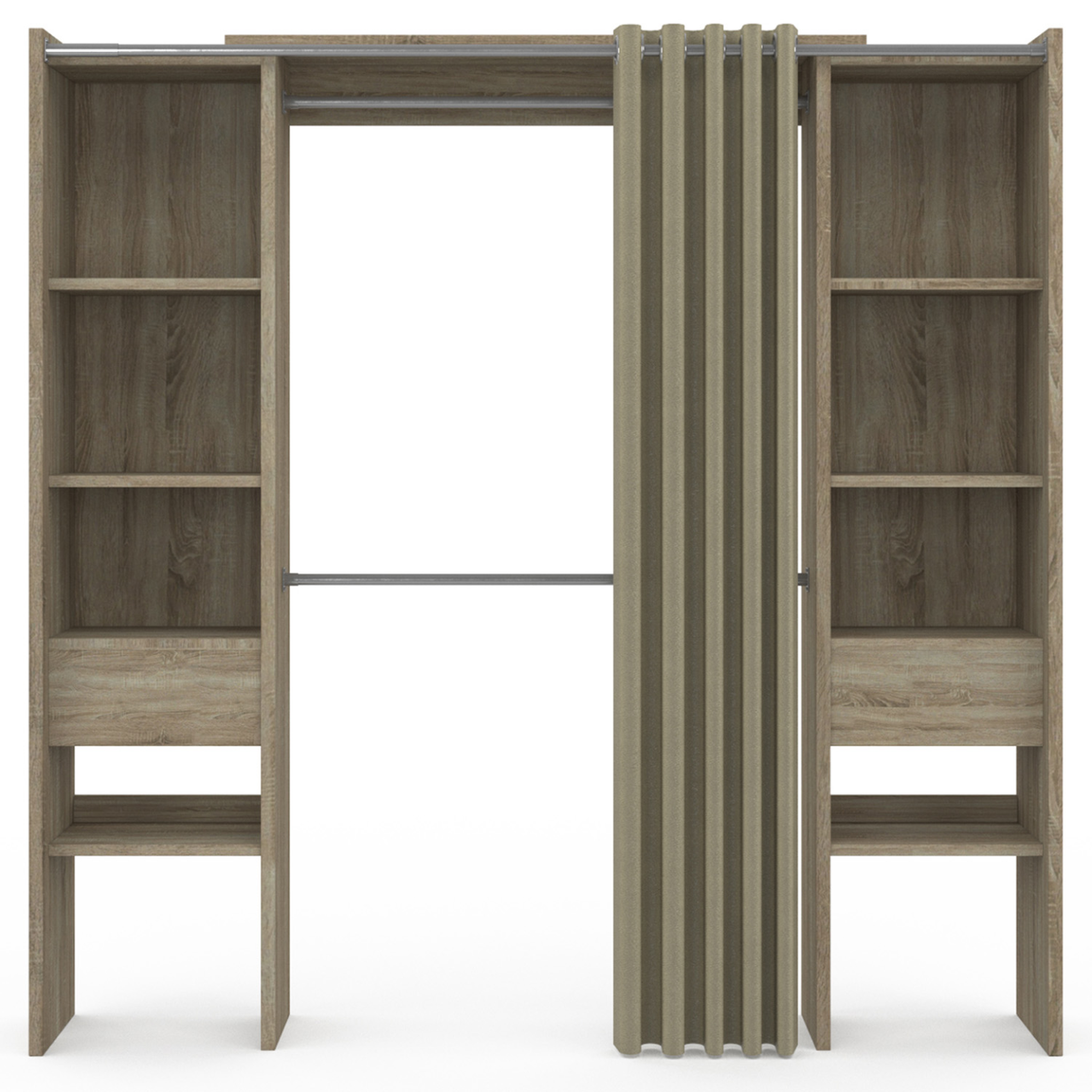 Voir la diapositive 3 : ID MARKET Dressing extensible double meryl 120/180 x 50 x 180 cm hêtre avec étagères + double penderie + rideau taupe