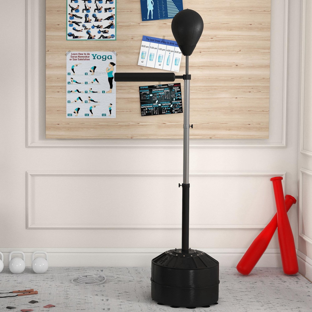 HOMCOM Punching ball avec socle lestable barre de réflexe et pompe - hauteur réglable 160-205 cm - noir