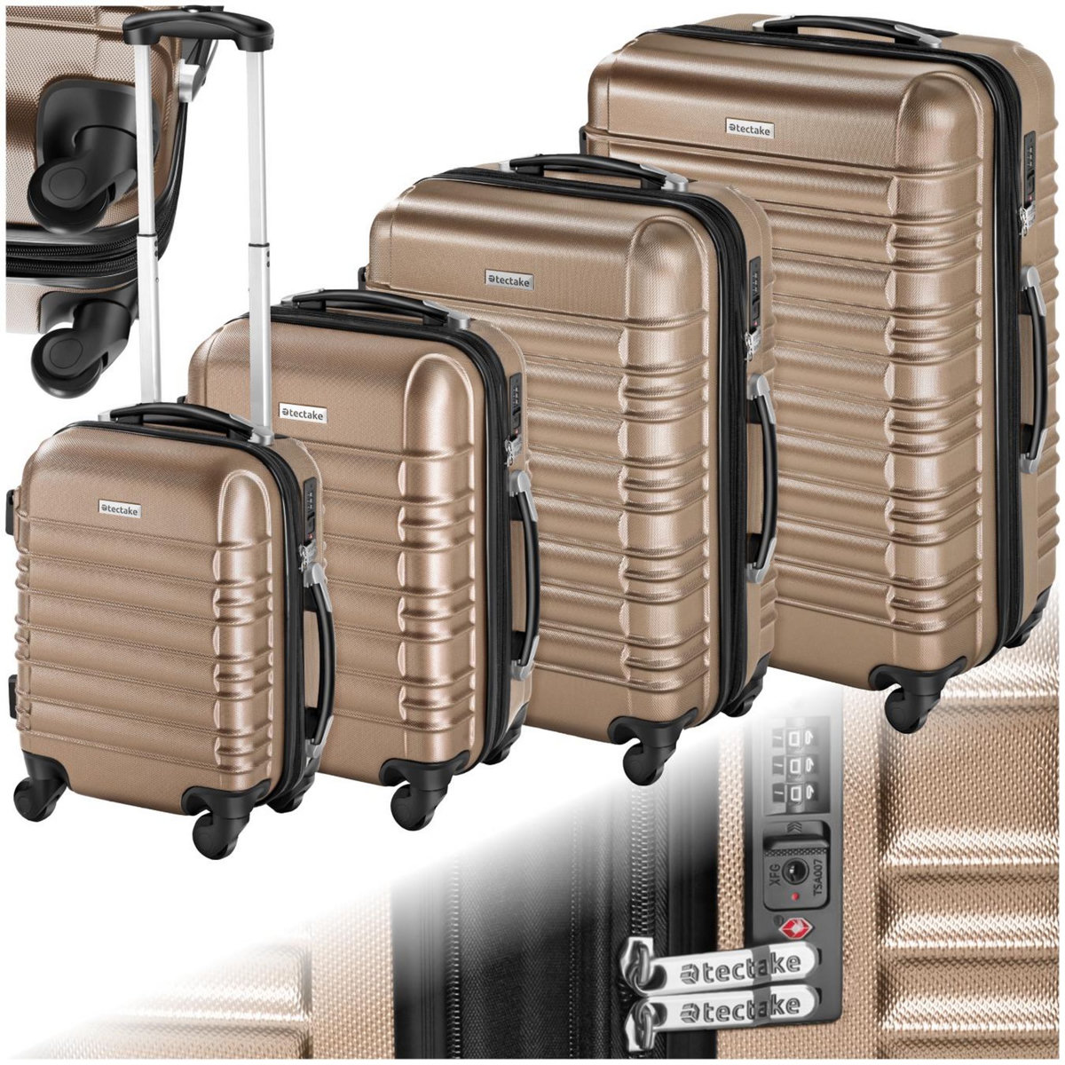 tectake Set de valises trolley rigides 4 parties, en plastique ABS robuste champagne