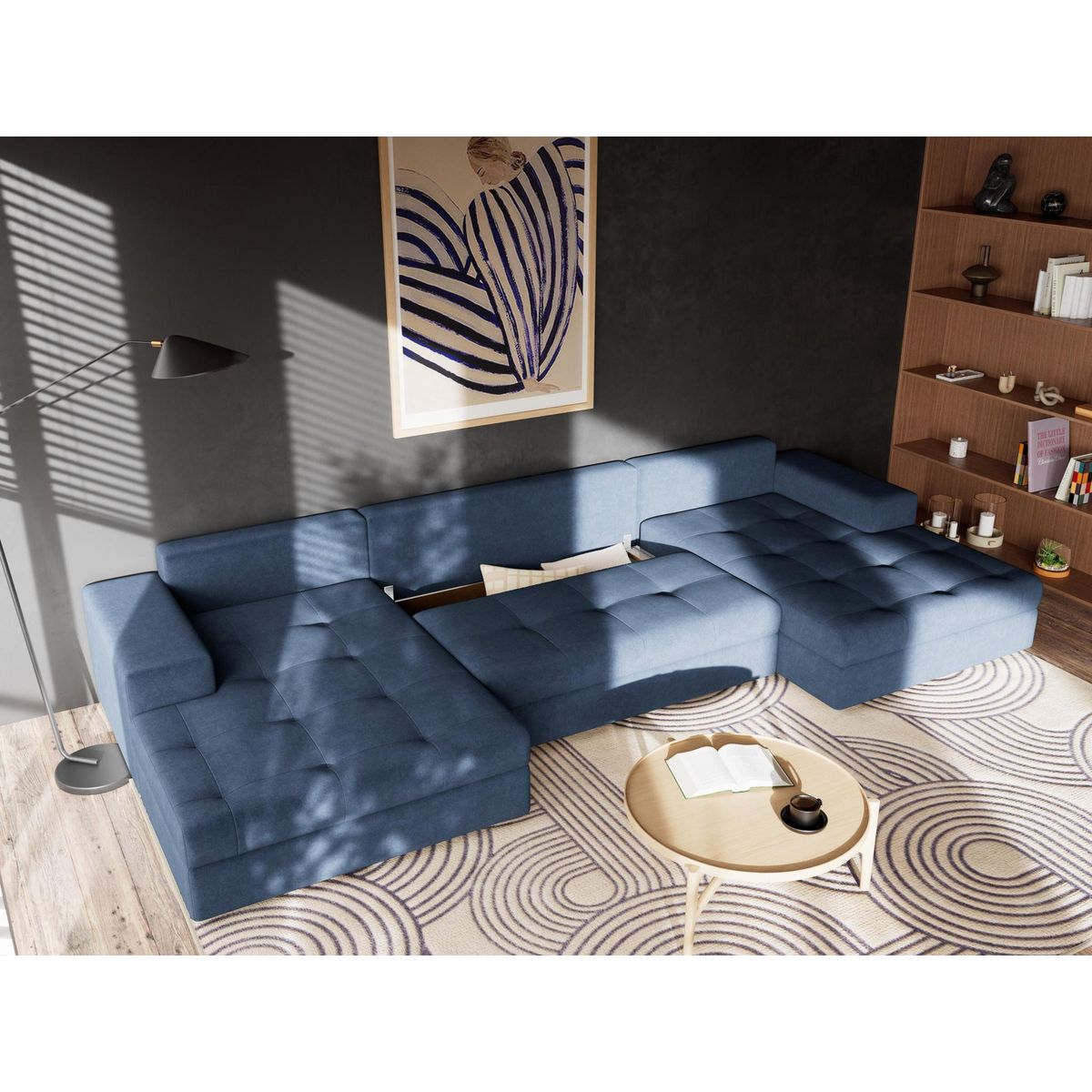 BEST MOBILIER Bastian - canapé panoramique en u 7 places convertible avec coffre en velours texturé