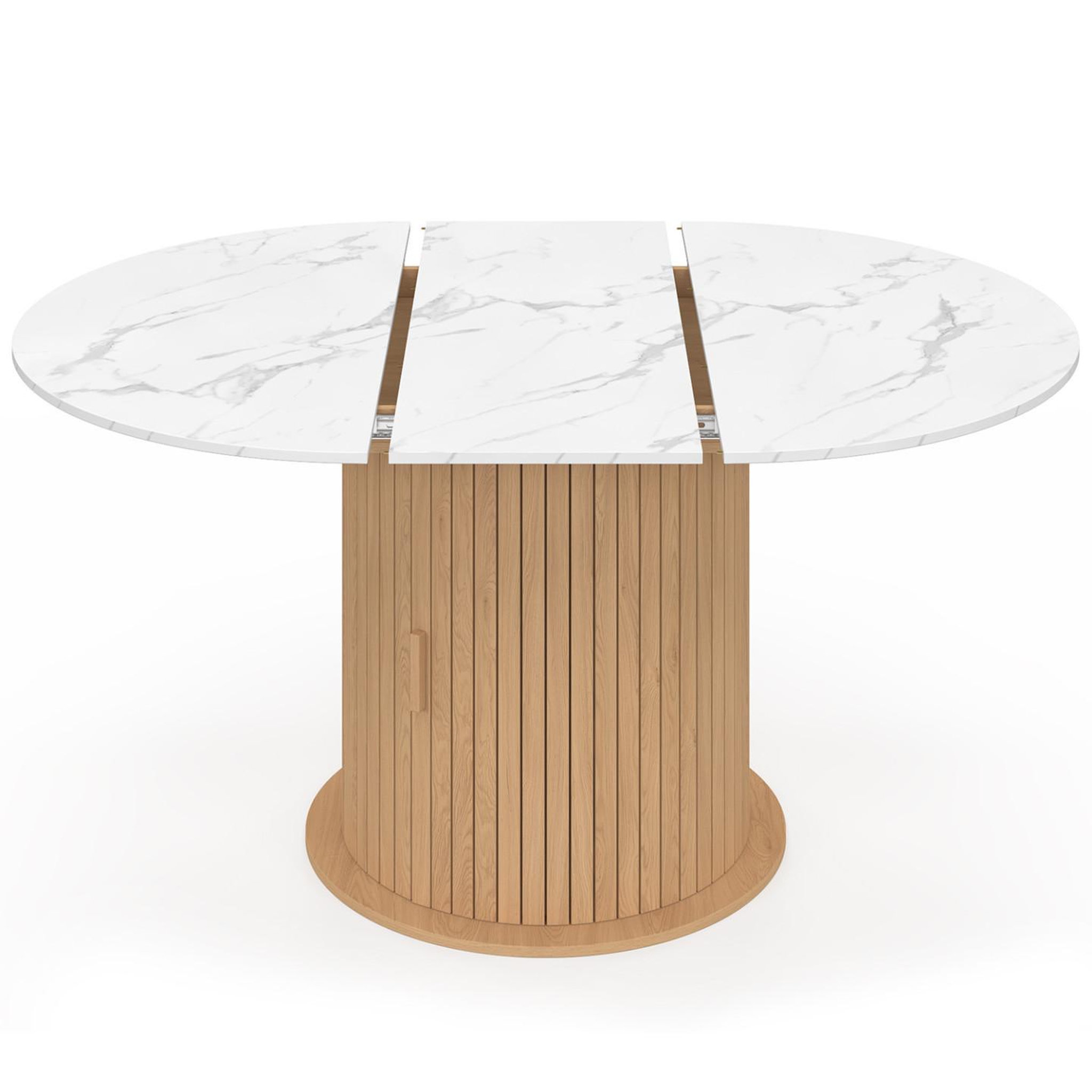 Voir la diapositive 3 : ID MARKET Table à manger extensible ronde juliette 4-8 personnes pied lattes avec rangement et plateau effet marbre blanc 110-150 cm