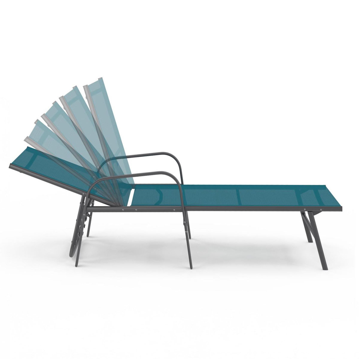 ID MARKET Lot de 2 transats de jardin inclinables FIDJI en acier gris anthracite et toile bleu canard