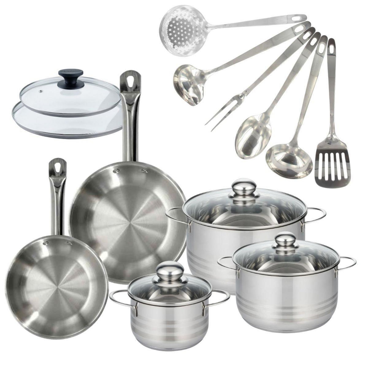 Fackelmann Set 2 poêles 20 et 24 cm en inox et couvercles, 3 faitouts inox 16, 20 et 24 cm et 6 ustensiles inox Fackelmann Eterna