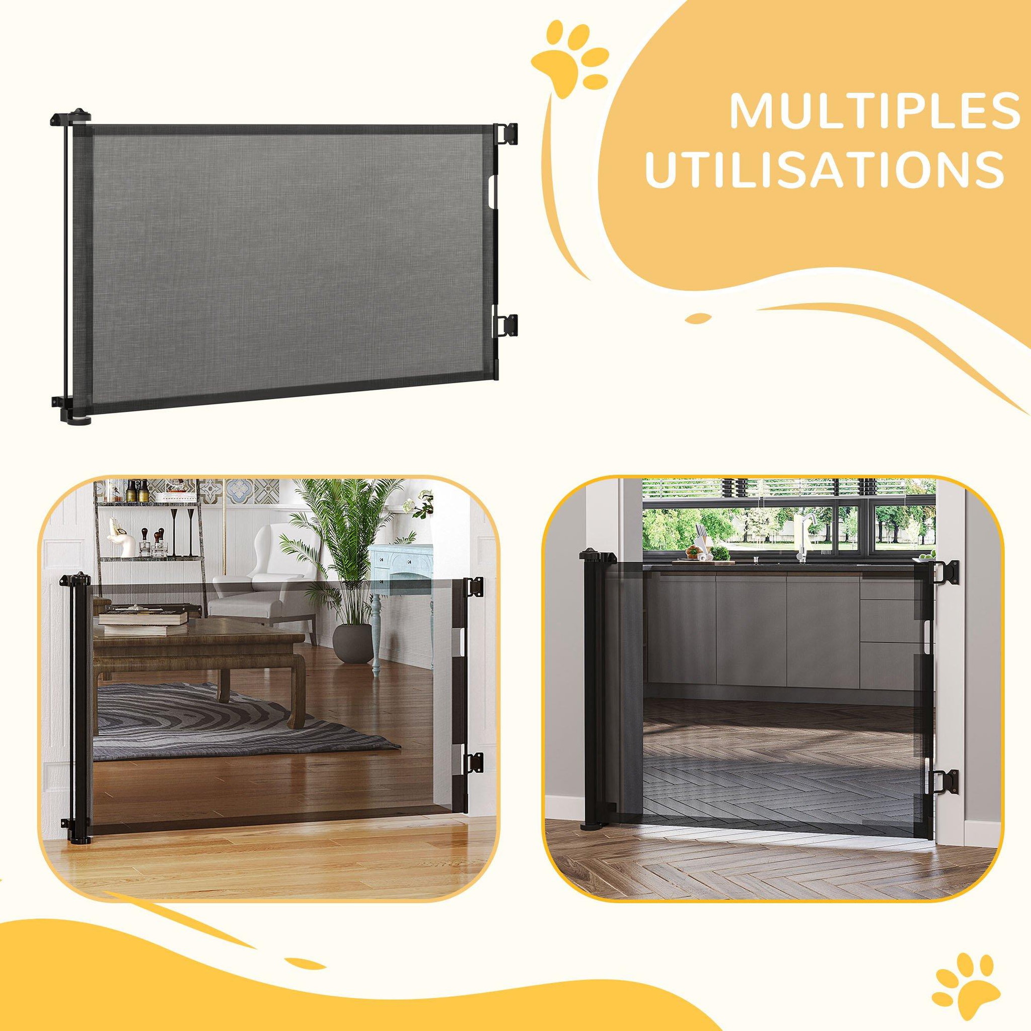 Voir la diapositive 6 : PAWHUT Barrière de sécurité barrière animaux rétractable automatique 1,65L x 0,85H m teslin alu. PVC noir