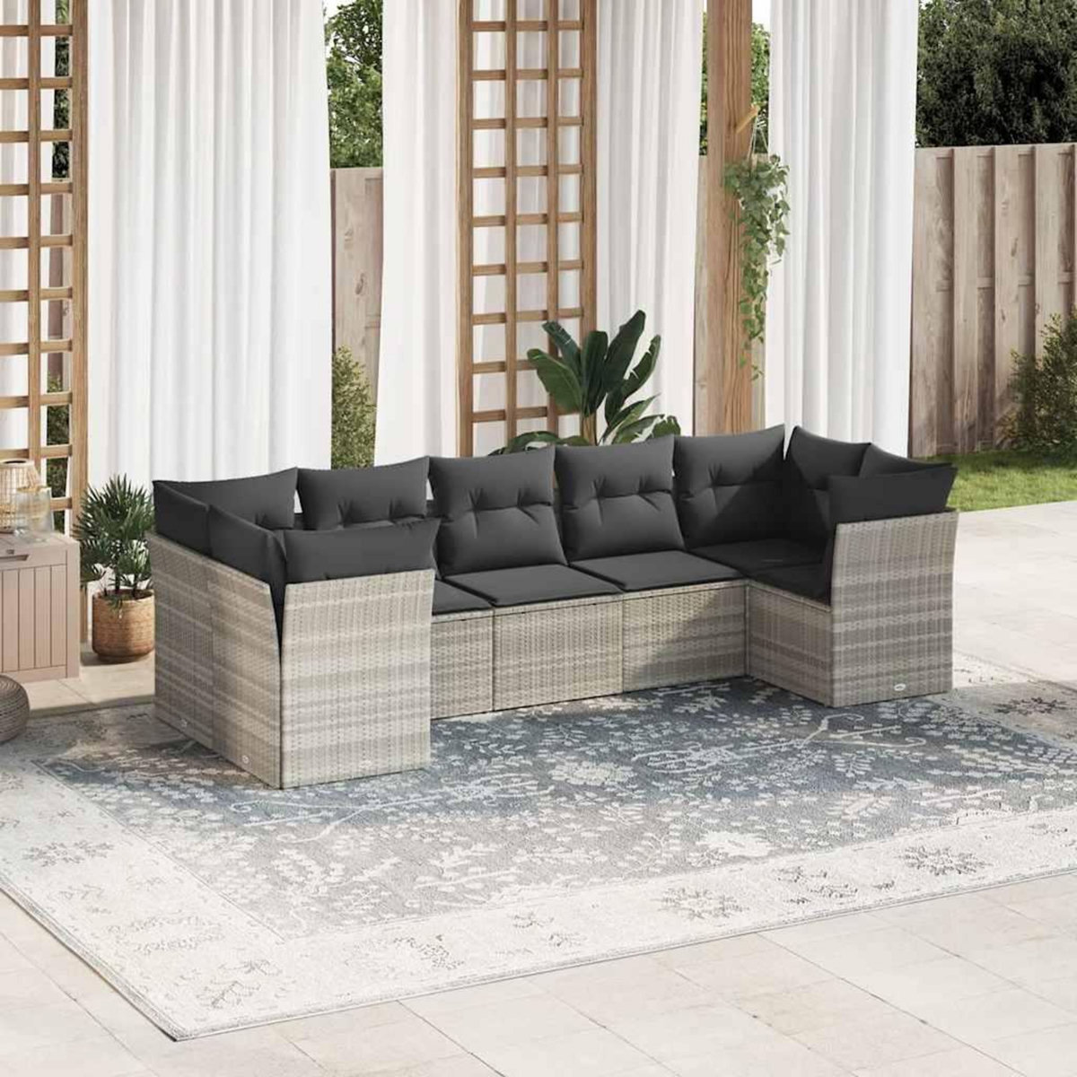VIDAXL Salon de jardin avec coussins 7 pcs gris clair resine tressee