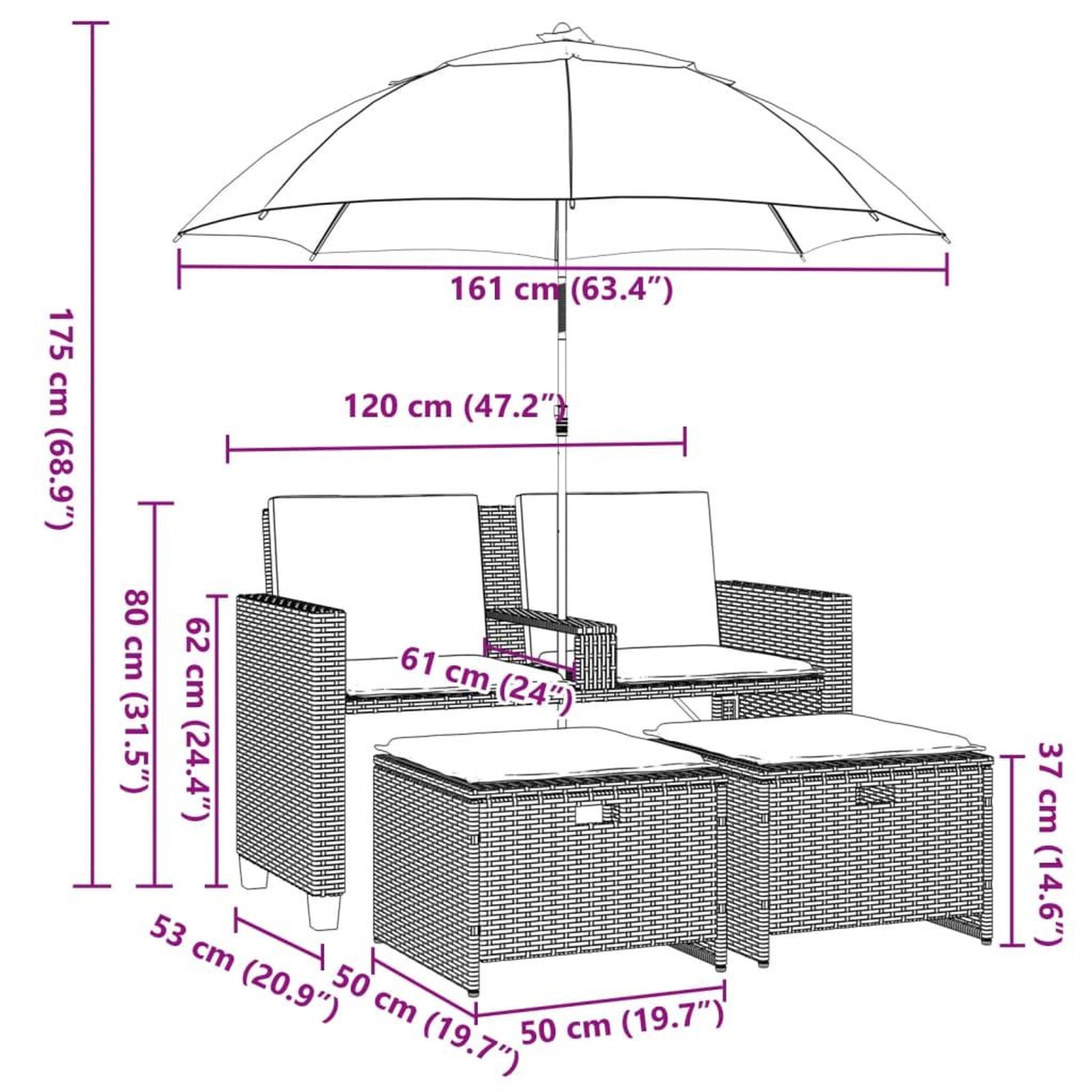 Voir la diapositive 6 : VIDAXL Canape de jardin 2 places et parasol et tabourets marron rotin