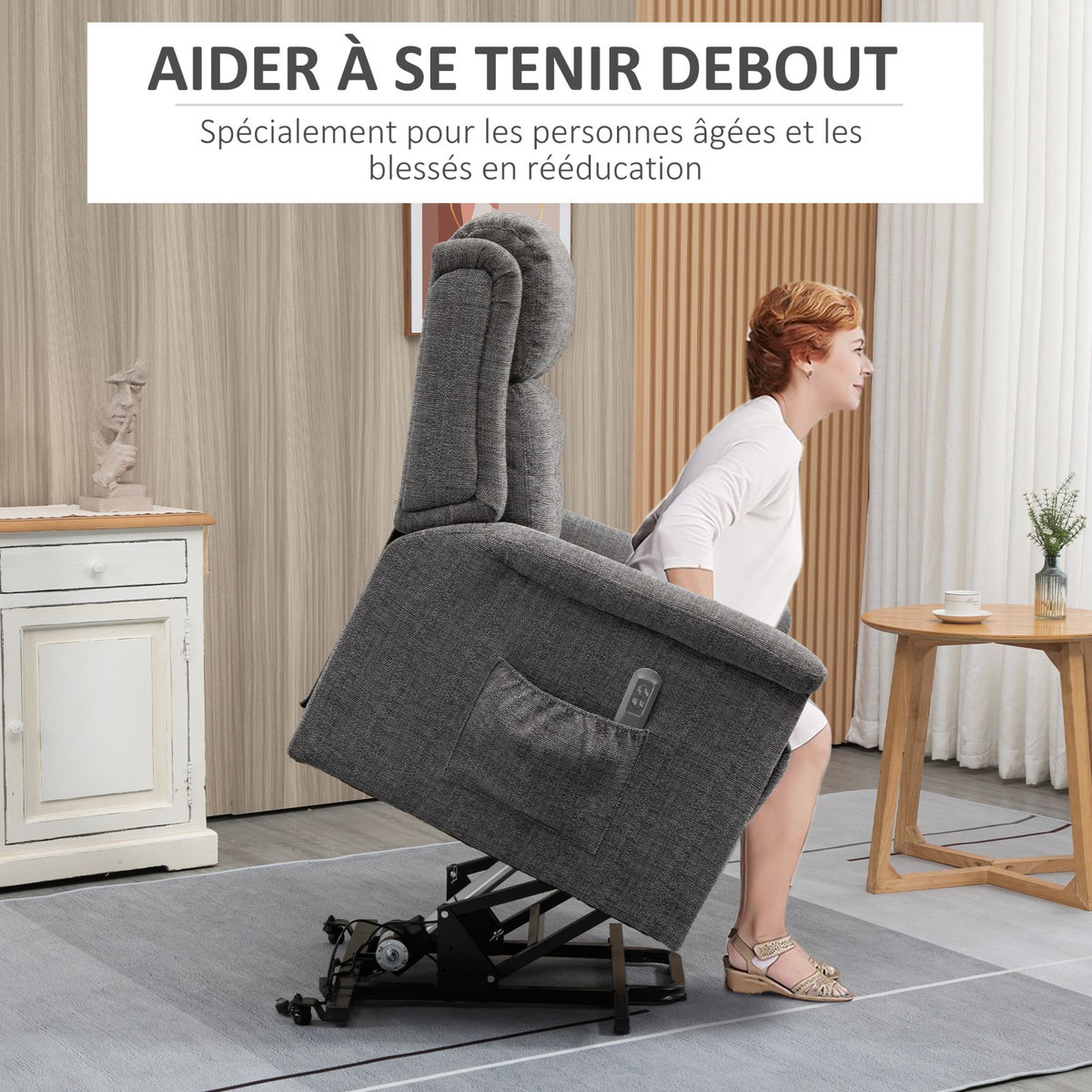 HOMCOM Fauteuil releveur électrique inclinable - repose-pied ajustable - télécommande - Fauteuil de relaxation - tissu polyester aspect lin gris chiné