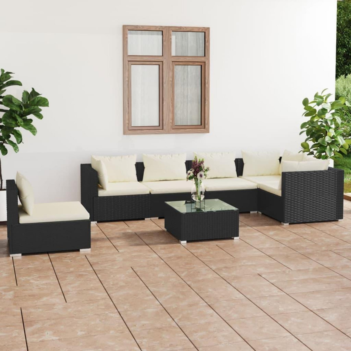 VIDAXL Salon de jardin 7 pcs avec coussins Resine tressee Noir