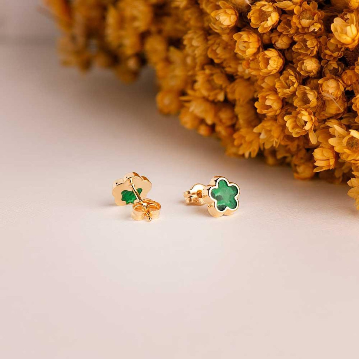 L'ATELIER D'AZUR Boucles d'Oreilles Or 18 Carats 750 Jaune et Malachite - Fleur