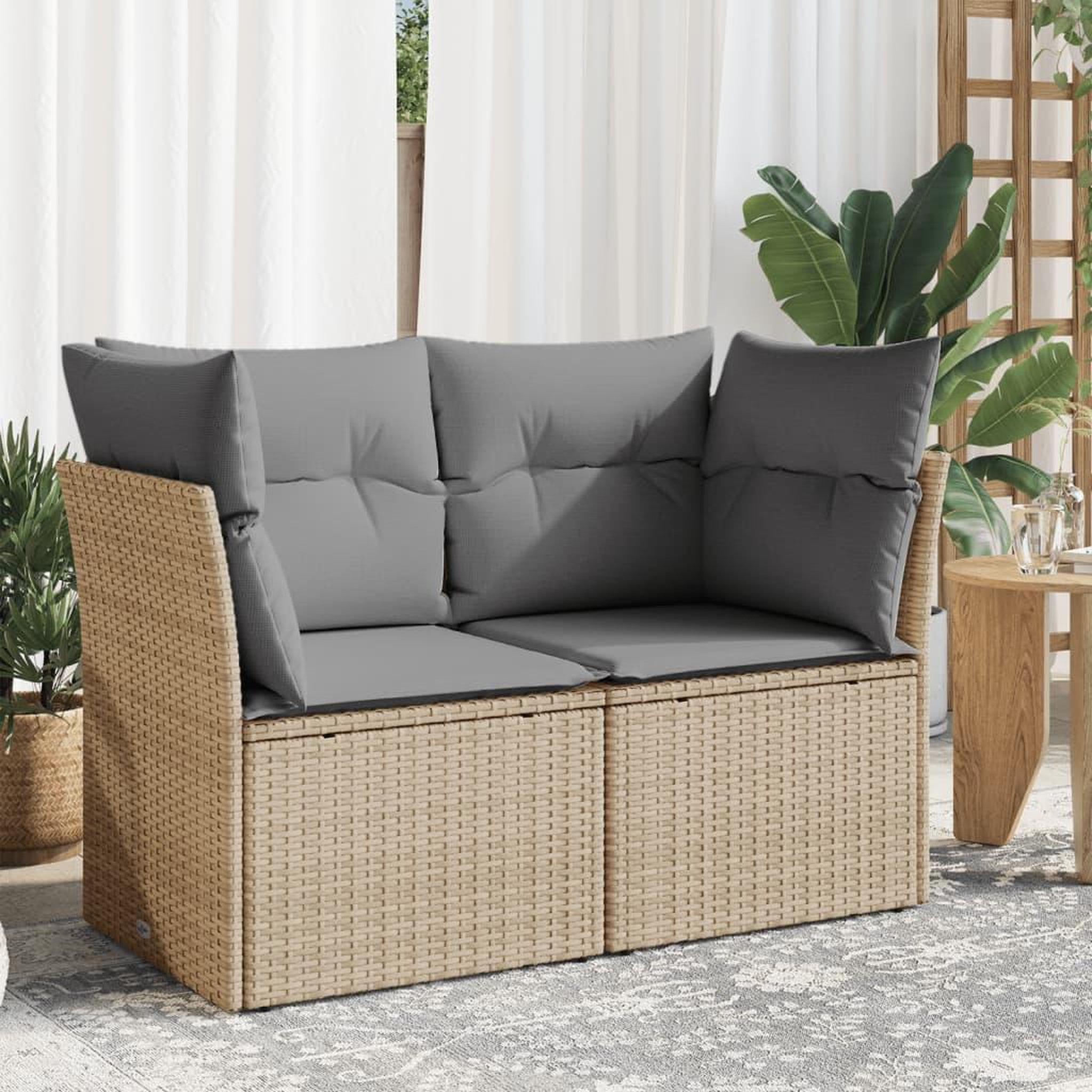 VIDAXL Canape de jardin avec coussins 2 places beige resine tressee
