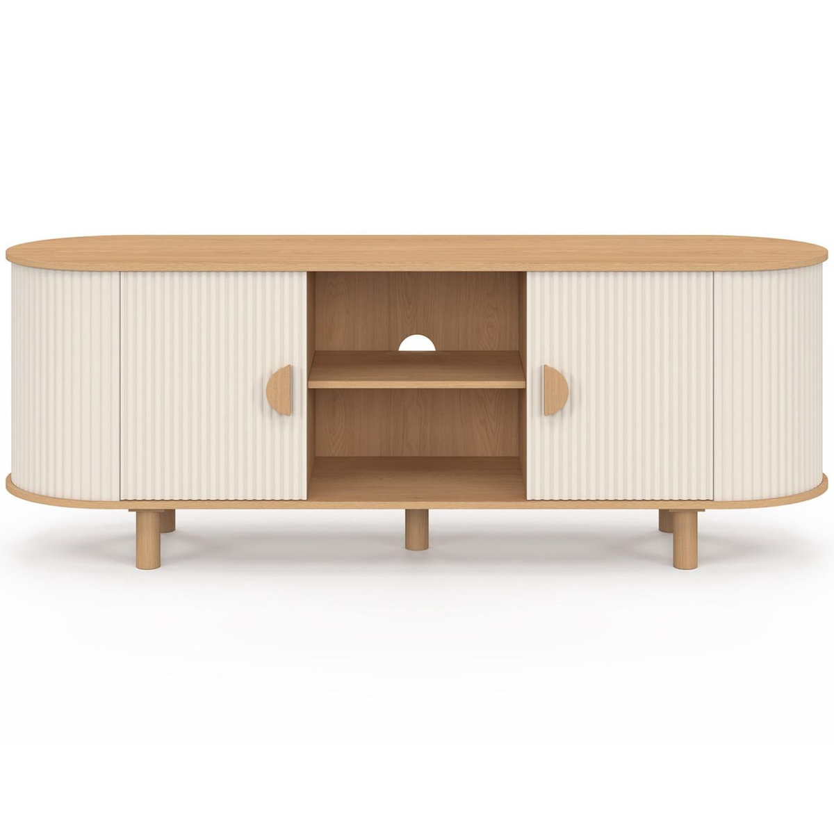 ID MARKET Meuble TV 140 cm KANEL 2 portes effet cannelé beige et bois