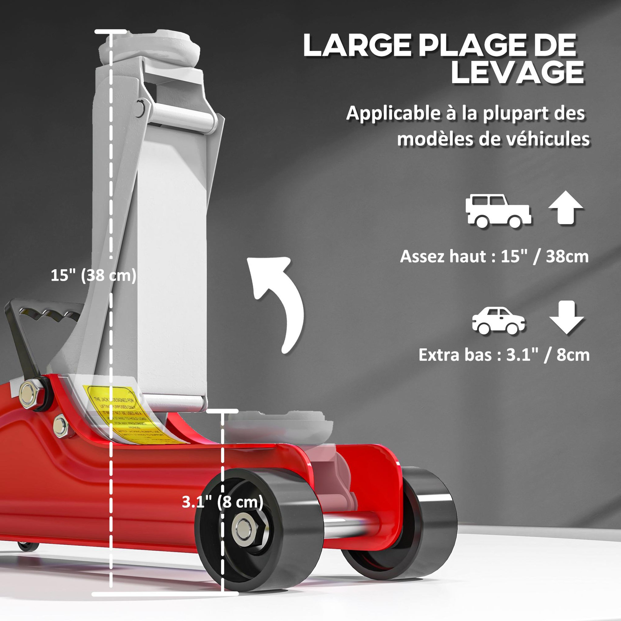 Voir la diapositive 4 : HOMCOM Cric de levage hydraulique - cric de levage réglable 8-38 cm métal rouge noir