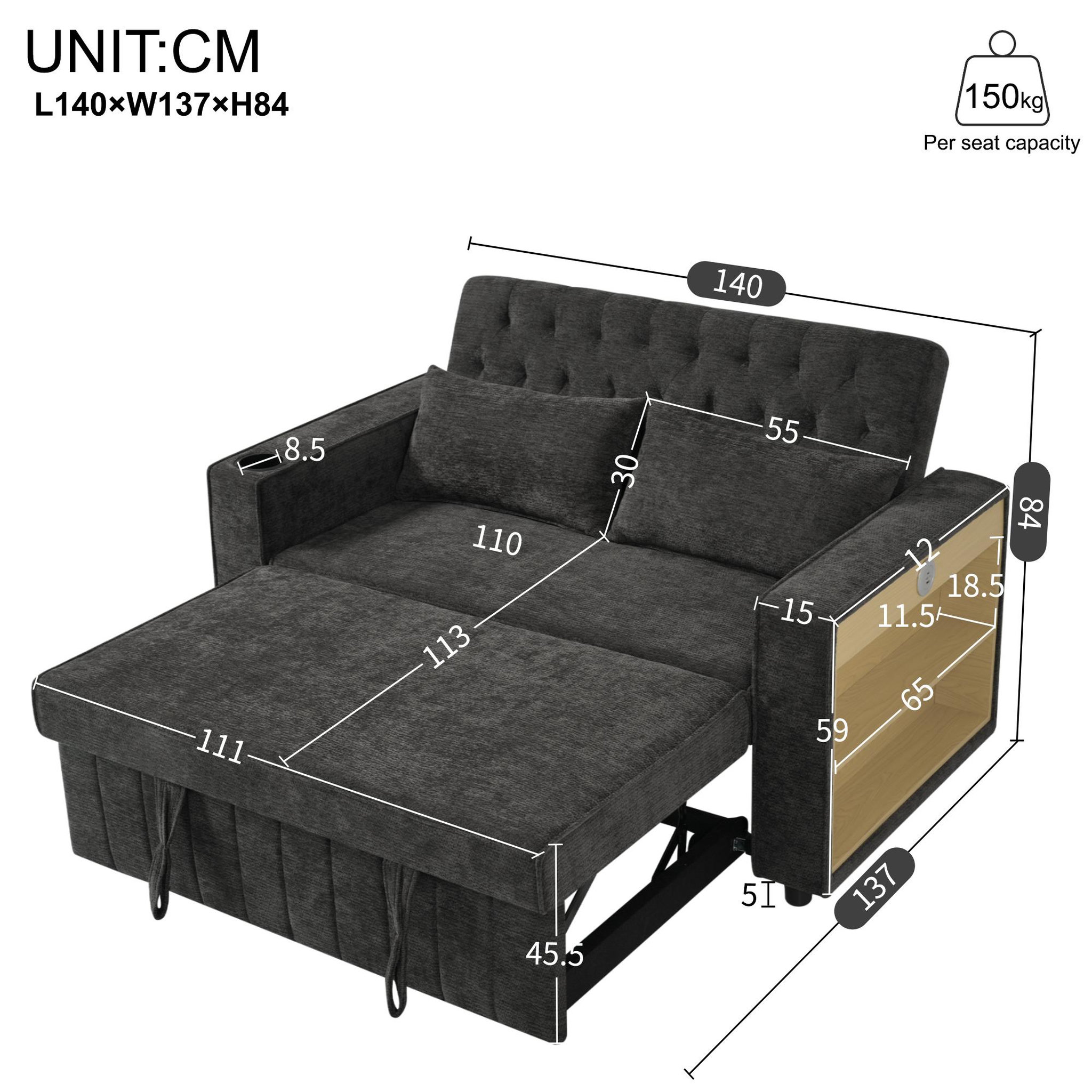 Voir la diapositive 3 : MERAX Canapé droit convertible 2 places tissu