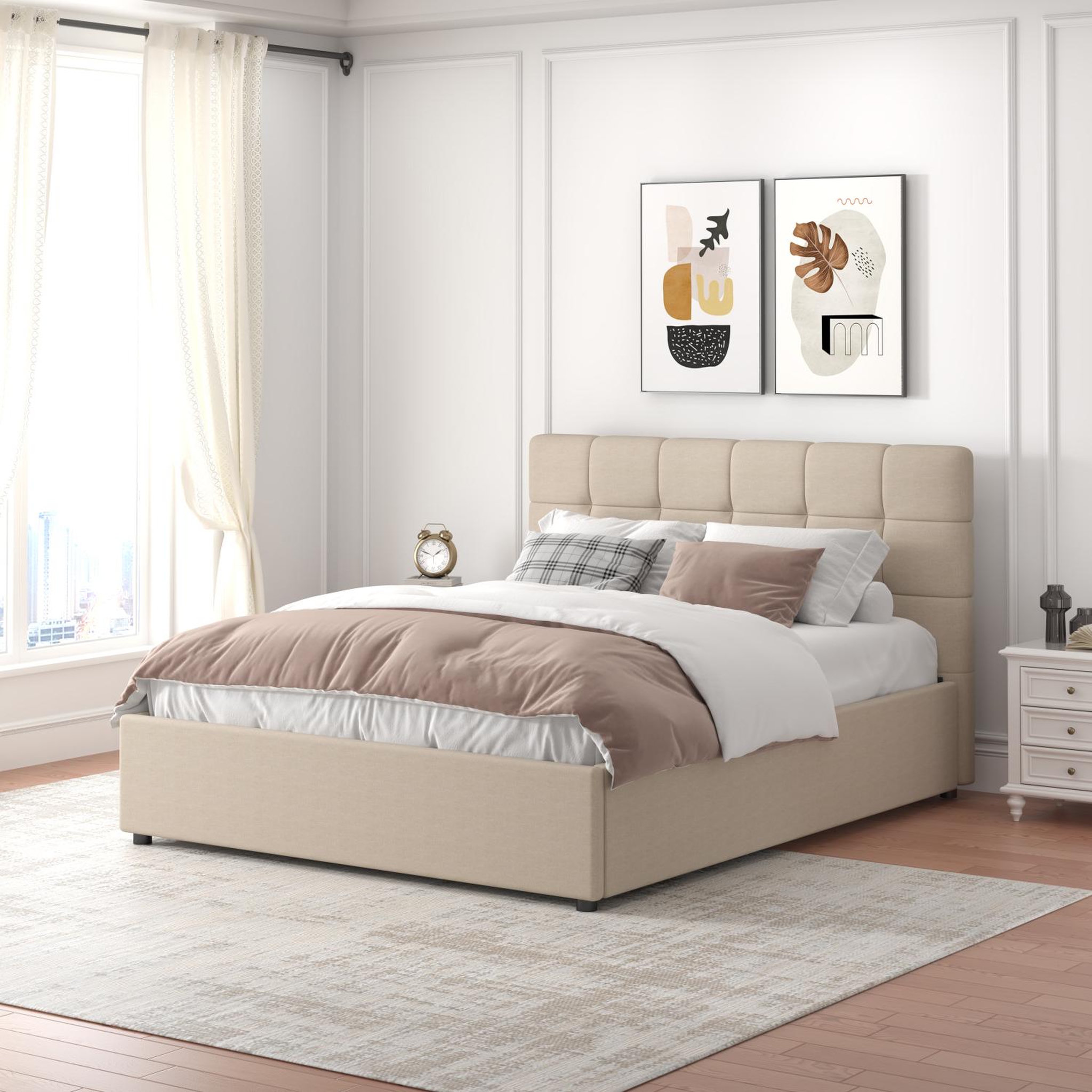 Voir la diapositive 2 : CONCEPT USINE Lit avec coffre de rangement 140x190cm velours beige santa
