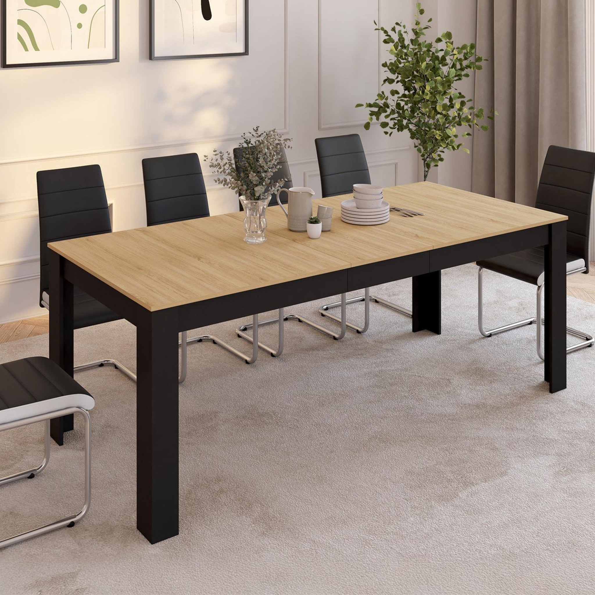 Voir la diapositive 2 : ID MARKET Table à manger extensible rectangle rozy 6-10 personnes noire plateau façon hêtre 160-200 cm