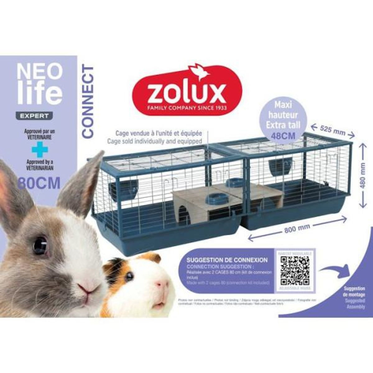 Zolux ZOLUX Cage grillagée cochon d'inde et rongeur Néolife - 80 x 52,5 x 48 cm - Bleu