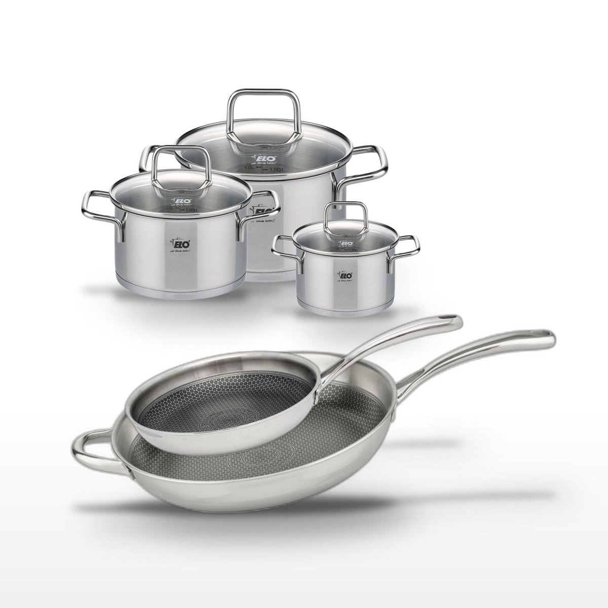 ELO Lot 2 Poêles Elo Relief Evolution 28/32cm & 3 Faitouts 12/16/20cm