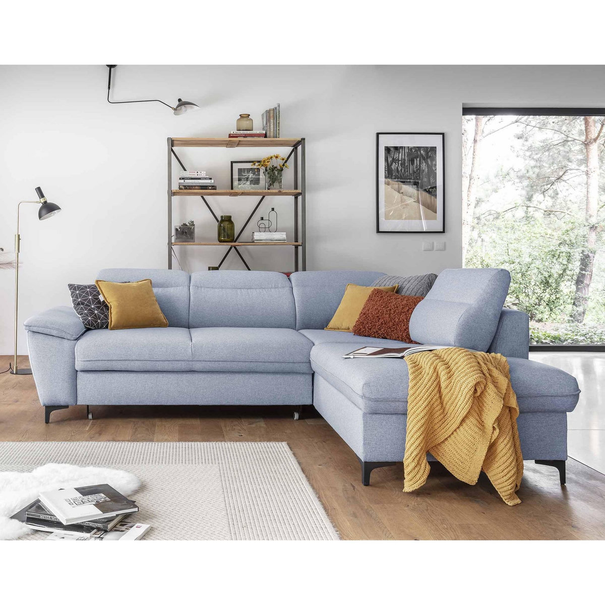 BEST MOBILIER Clever - canapé d'angle droit - 5 places - convertible avec coffre et têtières - en tissu