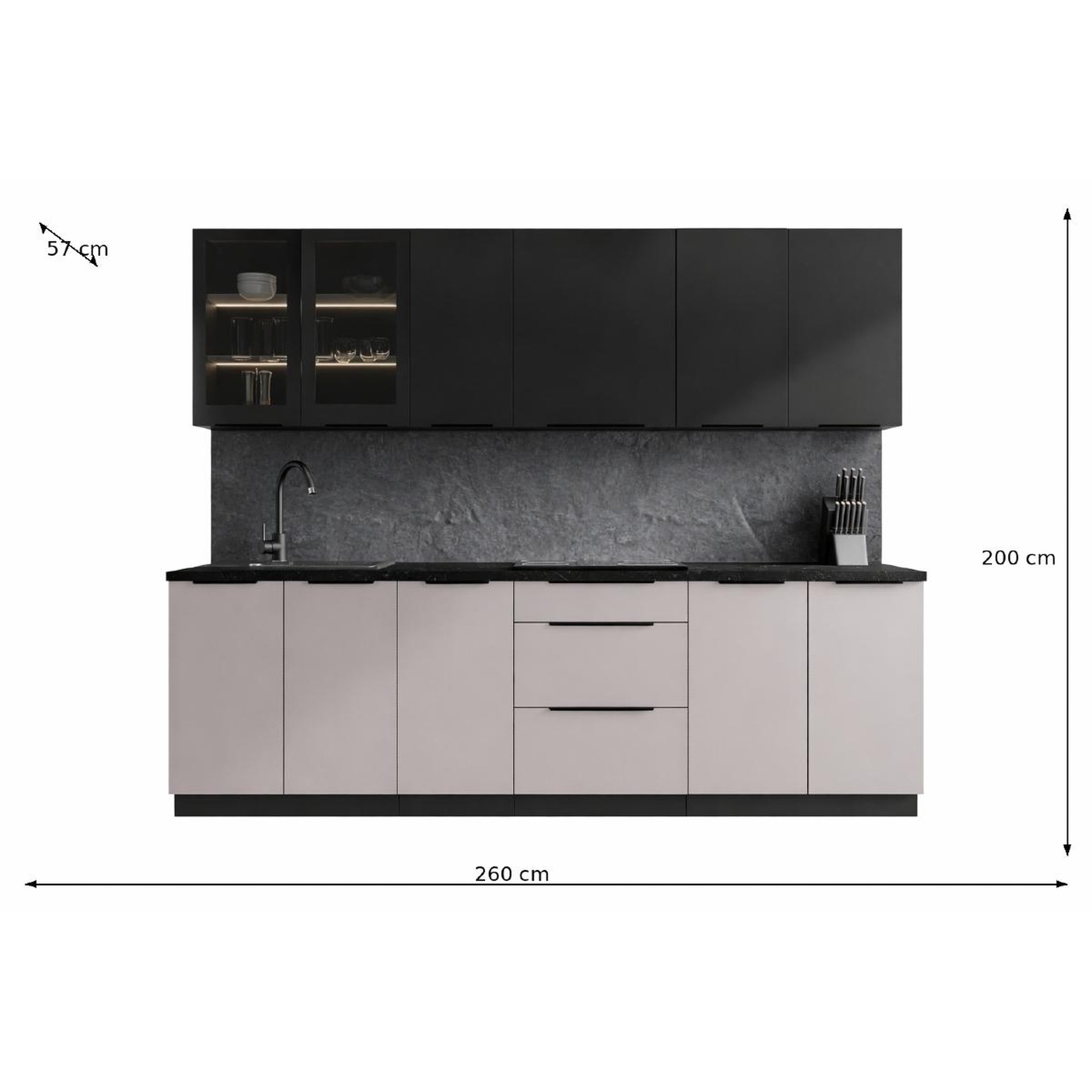 Voir la diapositive 5 : JLC KREATION Cuisine complète moderne beige et noir 260cm MAO