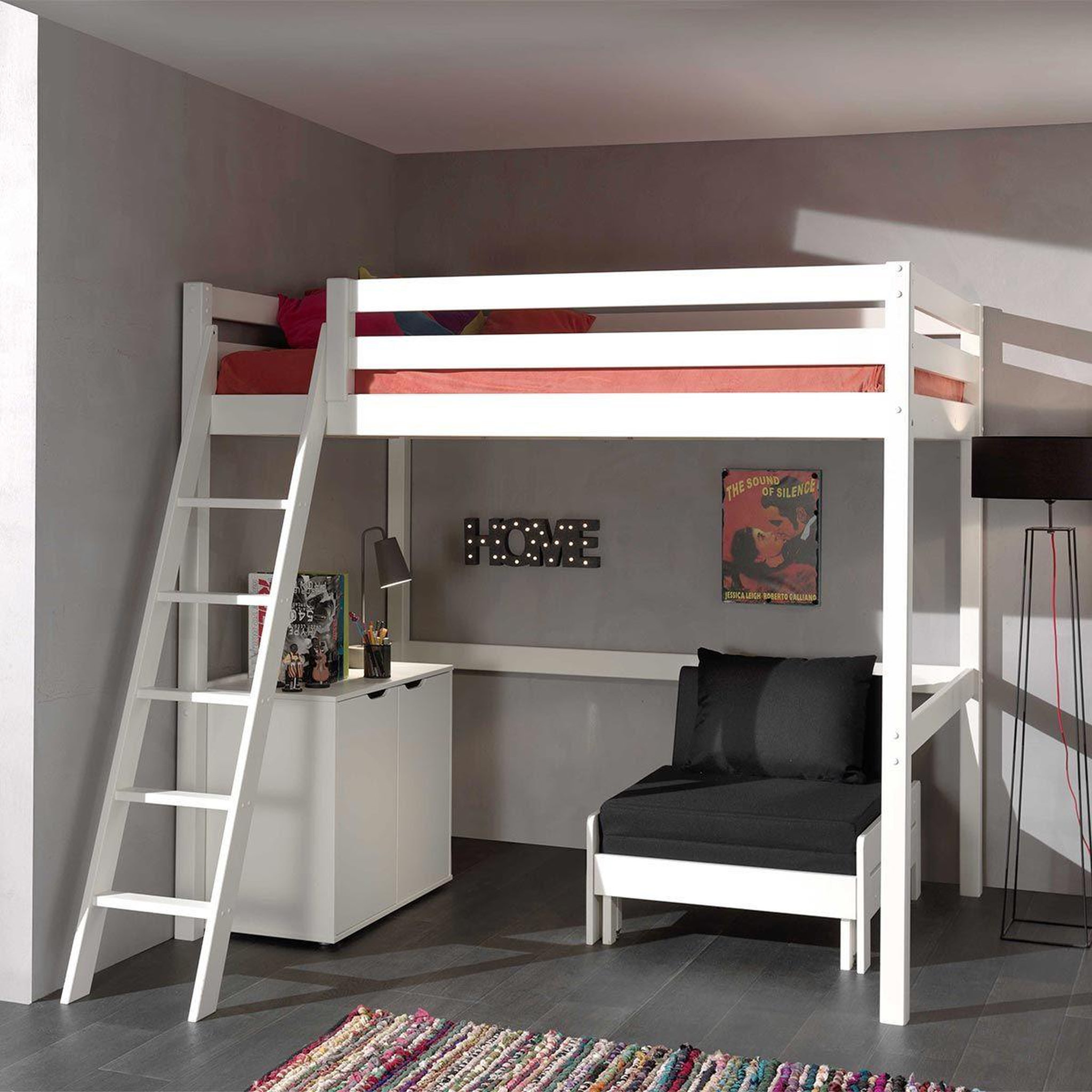 Voir la diapositive 1 : Paris Prix Pack - lit mezzanine enfant, commode & fauteuil-lit  pino  140x200cm blanc