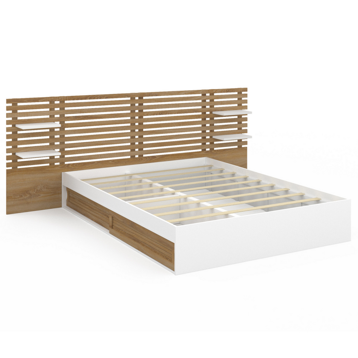 ID MARKET Lit double SAVANA avec tête de lit, chevets, rangements et sommier 140 x 190 cm hêtre et portes blanches