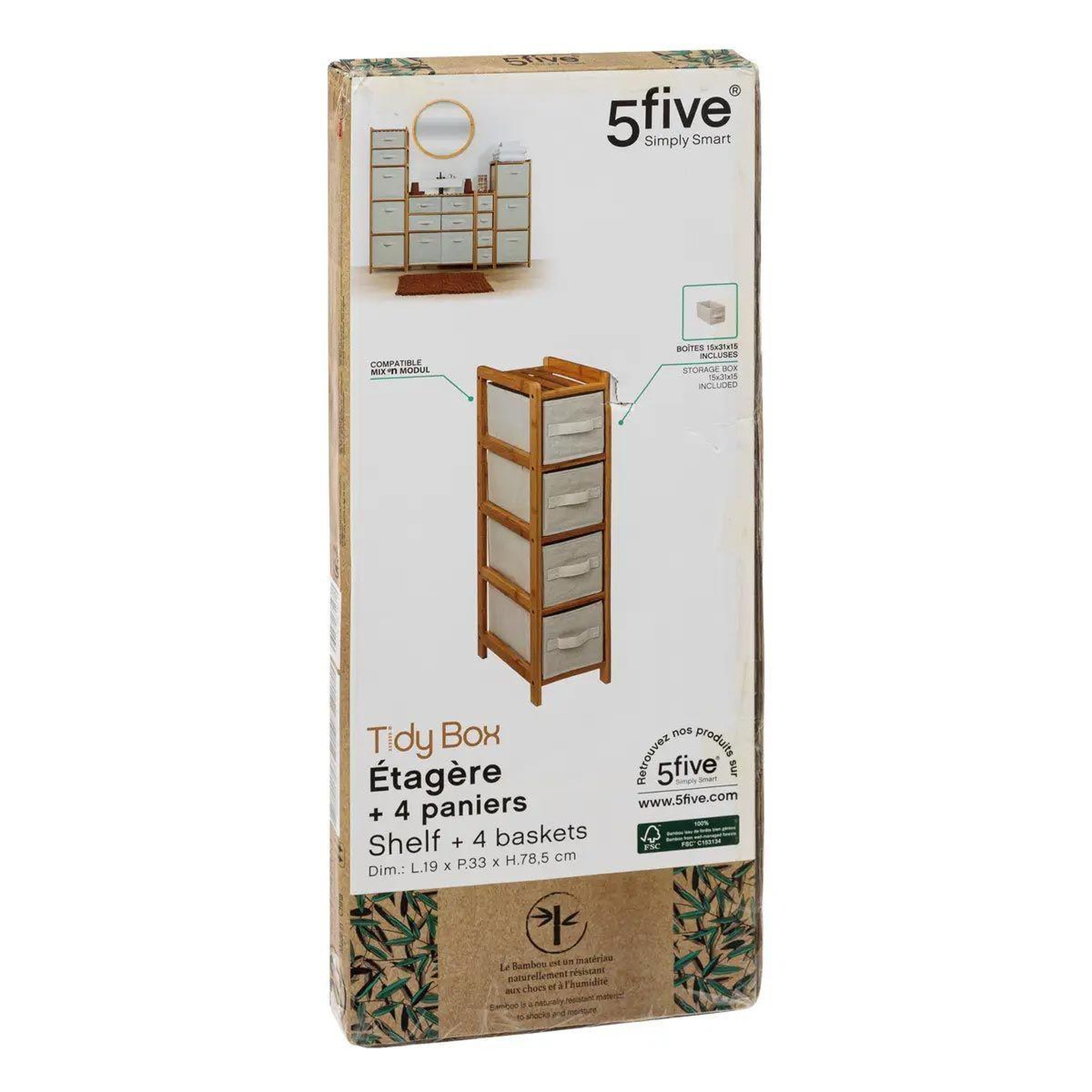 Voir la diapositive 4 : FIVE Étagère 4 paniers de rangement  tidy  78cm naturel