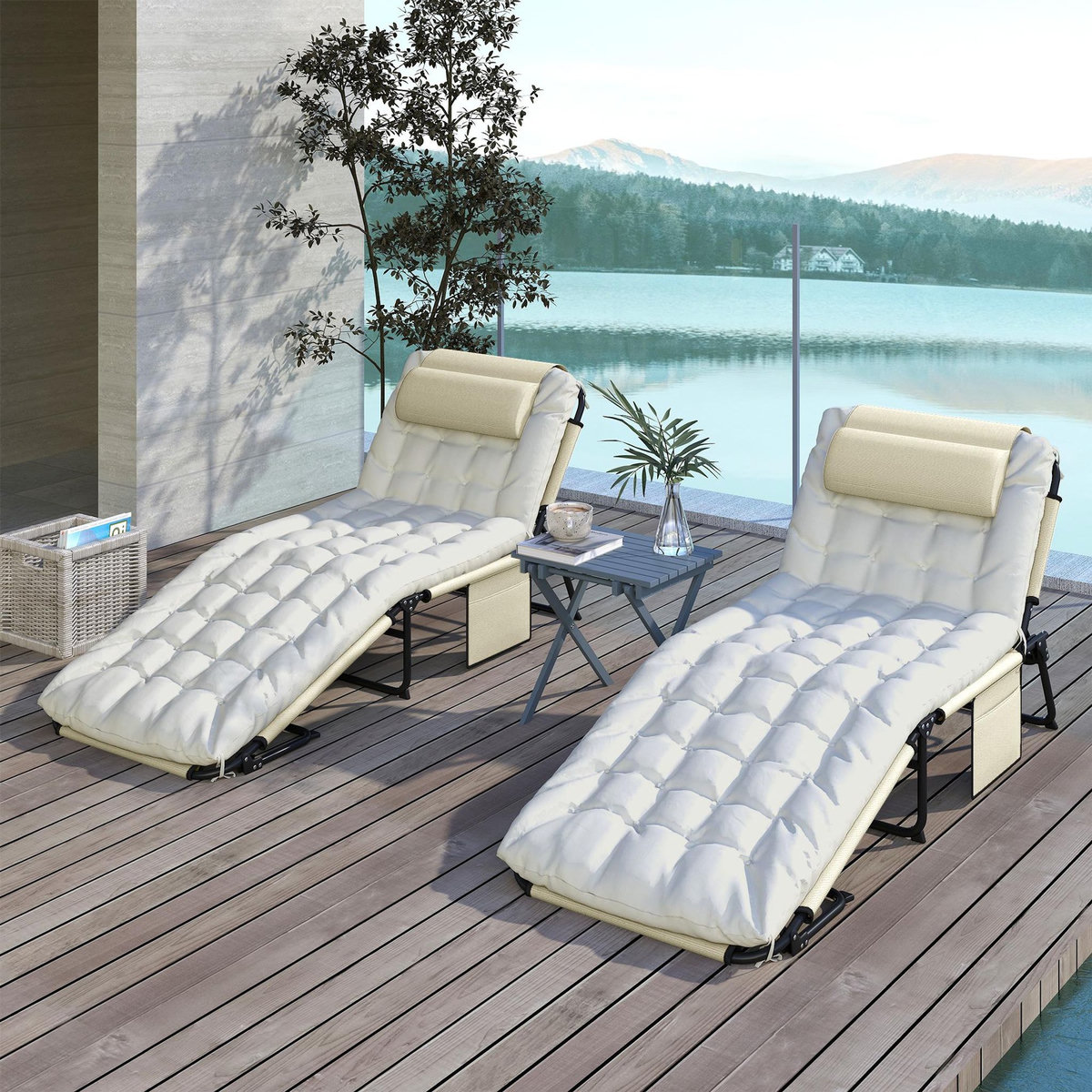 OUTSUNNY Lot de 2 transats bains de soleil pliables inclinables - tétière, matelas épais - métal tissu crème beige