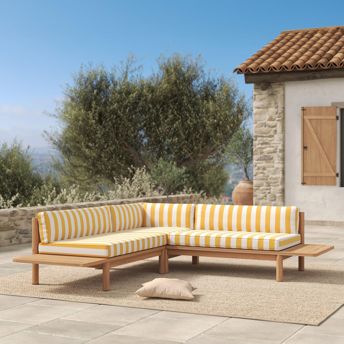 Rendez vous déco Canapé d'angle de jardin, teck massif, coussins rayés jaunes 4 places-Nadila