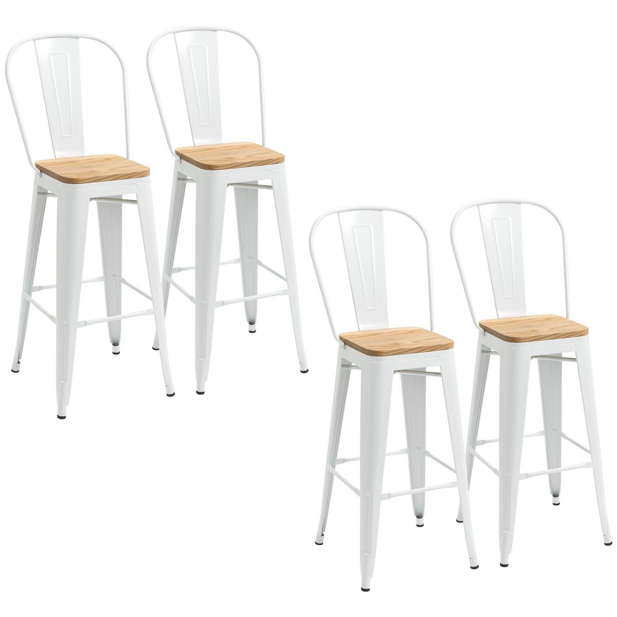 HOMCOM Lot de 4 tabourets de bar industriel avec dossier repose-pied hauteur assise 76 cm acier blanc bois d'orme