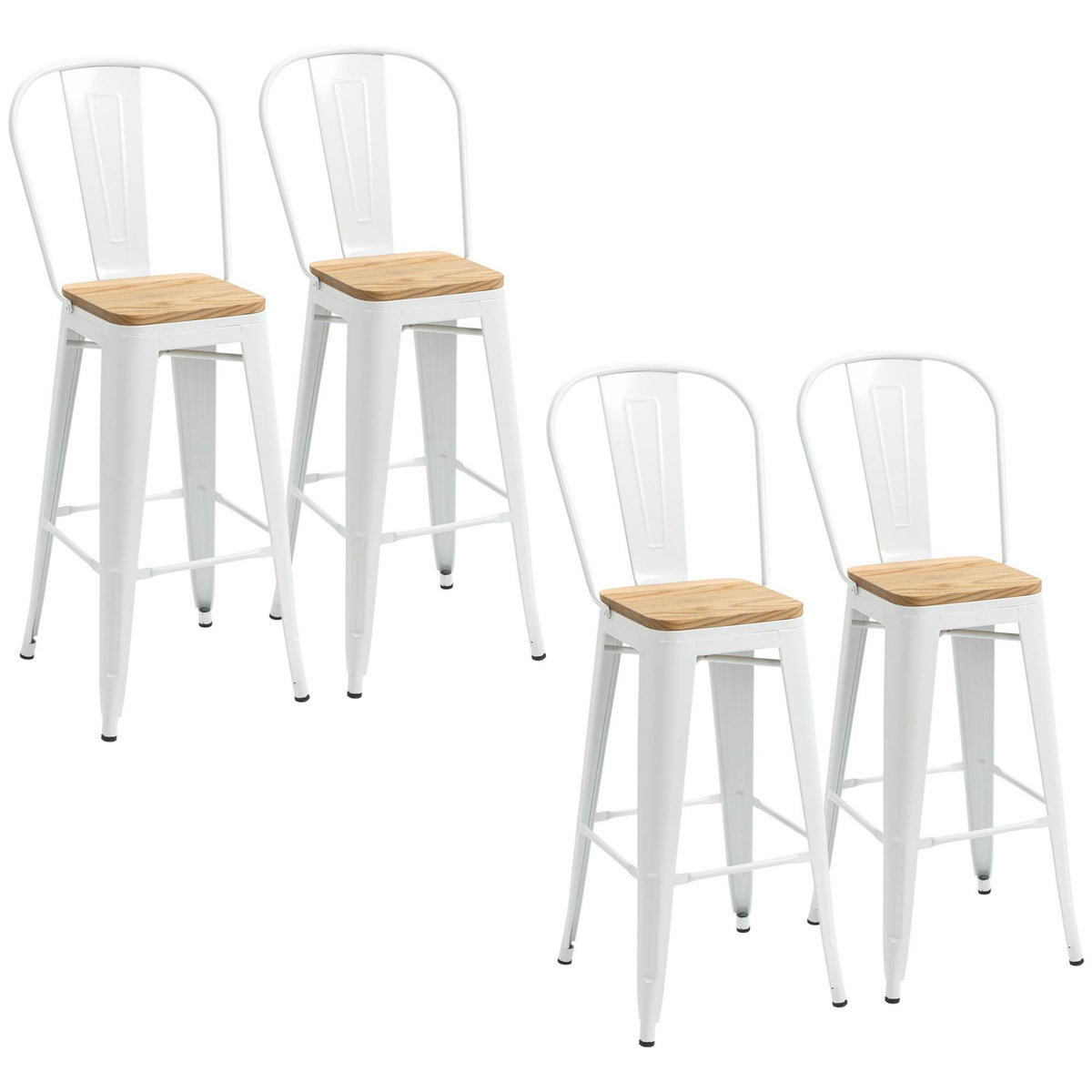 HOMCOM Lot de 4 tabourets de bar industriel avec dossier repose-pied hauteur assise 76 cm acier blanc bois d'orme