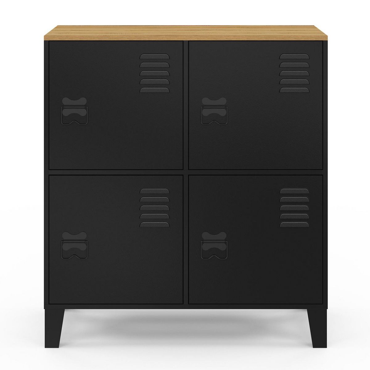 ID MARKET Buffet d'appoint casier 70 cm ESTER 4 portes en métal noir plateau bois design industriel