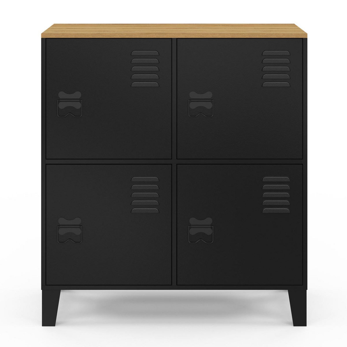ID MARKET Buffet d'appoint casier 70 cm ESTER 4 portes en métal noir plateau bois design industriel