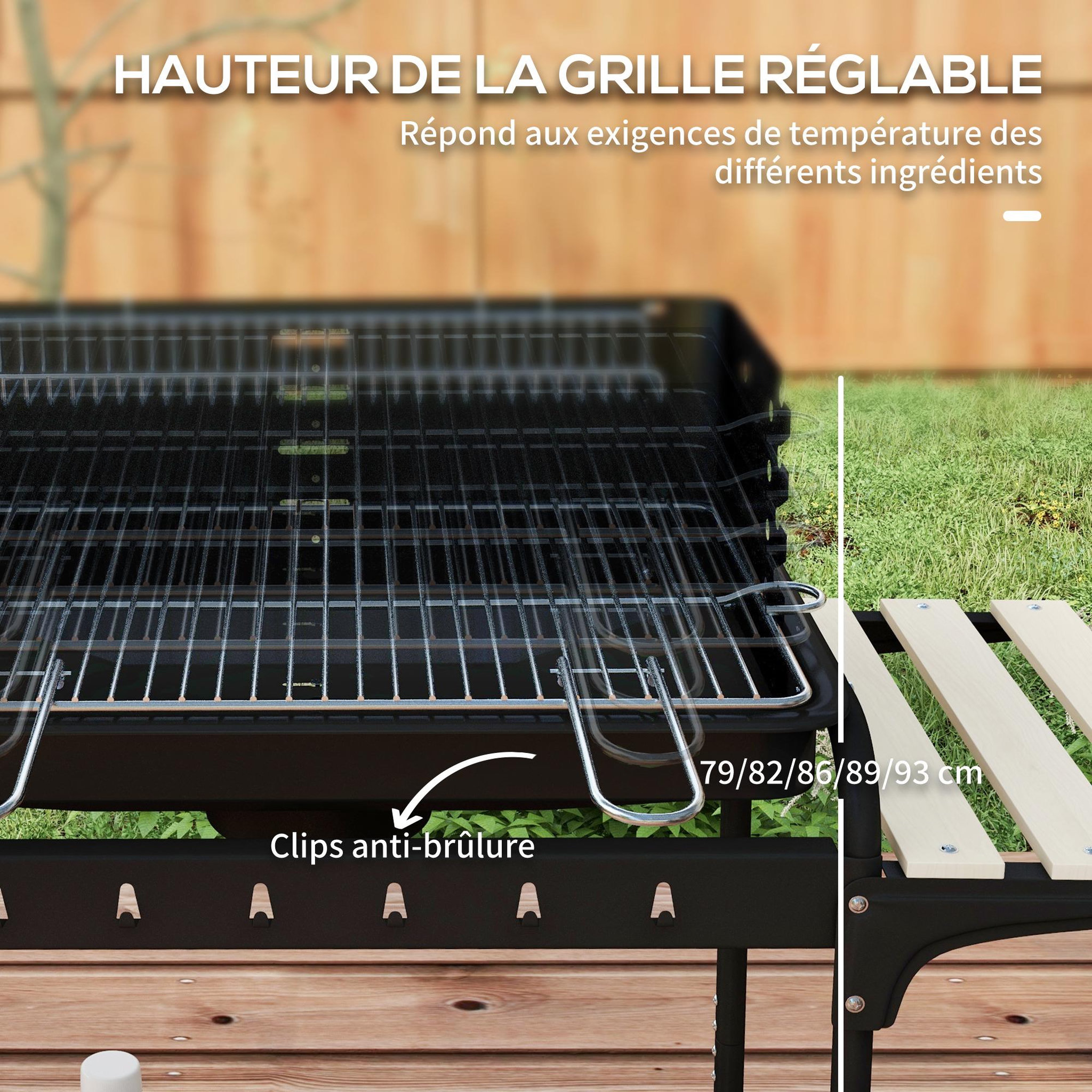 Voir la diapositive 5 : OUTSUNNY Barbecue à charbon sur pied grille réglable 2 roues 3 étagères récupérateur de cendres noir