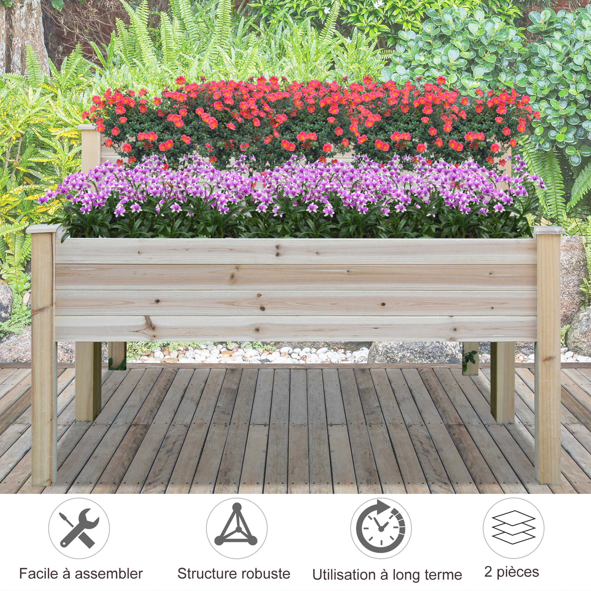 Voir la diapositive 5 : OUTSUNNY Jardinière sur pieds carré potager 2 étages dim. 115L x 114l x 76H cm inserts d'irrigation bois sapin naturel