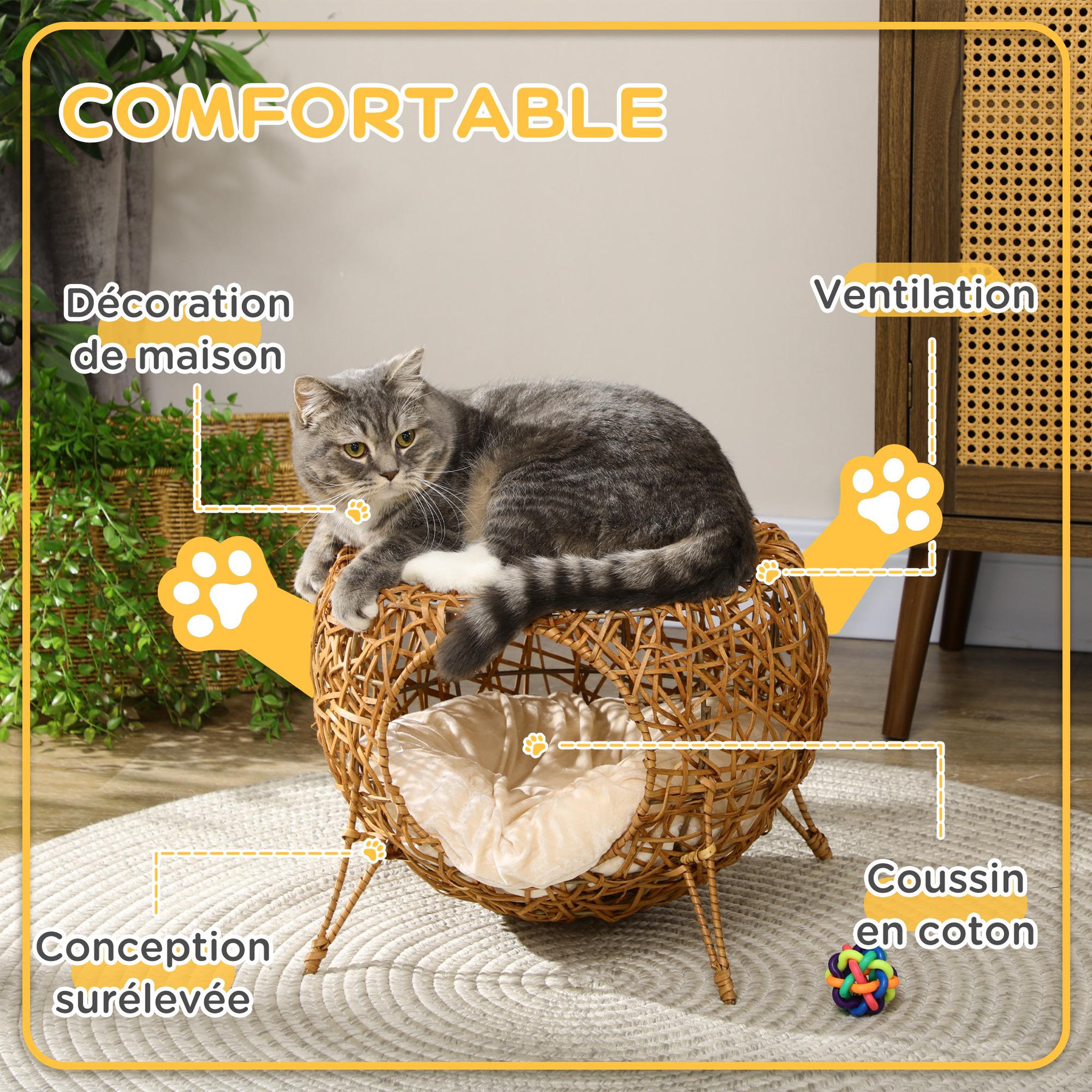Voir la diapositive 6 : PAWHUT Panier chat lit chat cosy grand confort dim. Ø 40 x 32h cm coussin moelleux inclus polyester beige rotin
